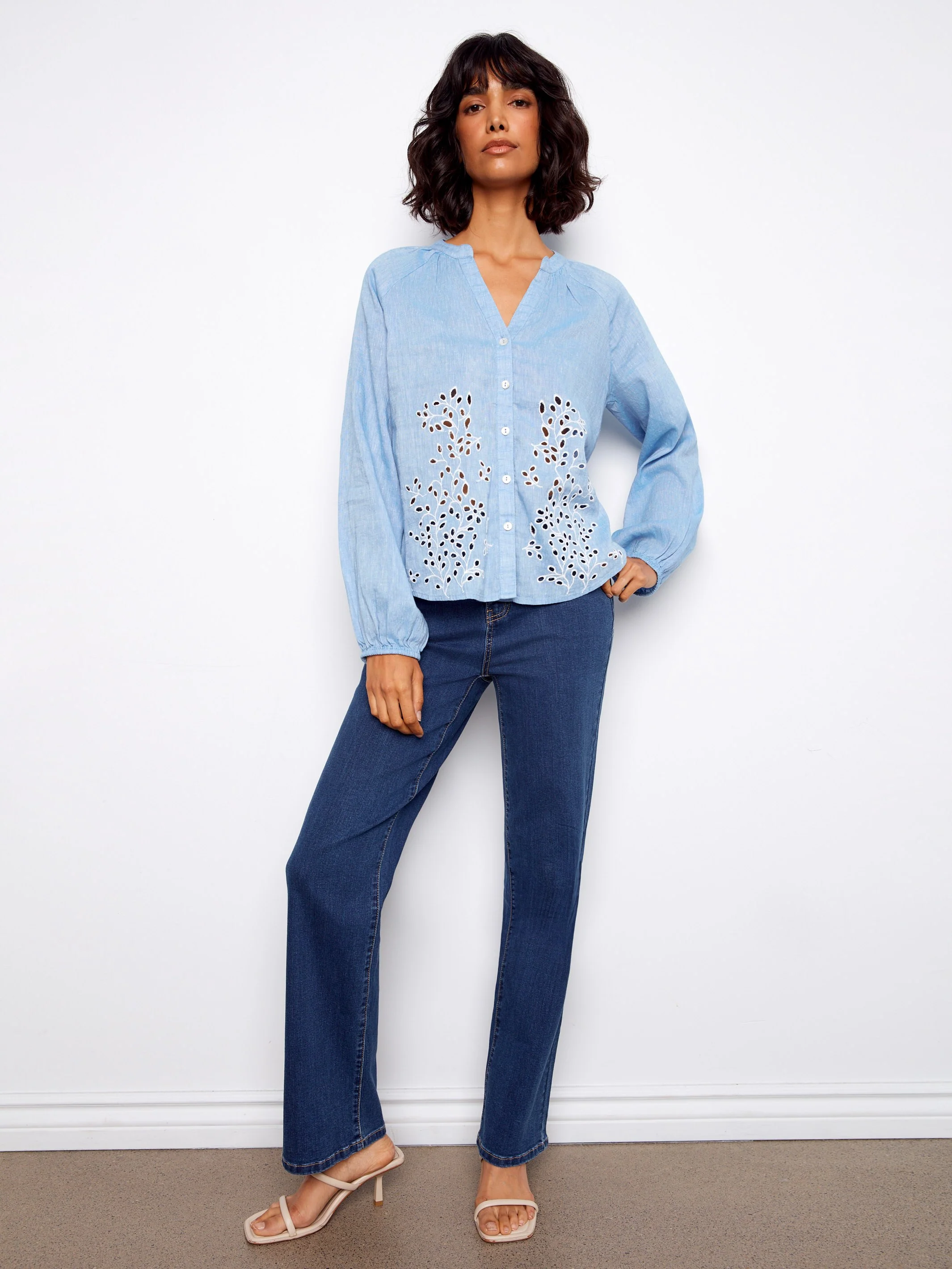 Cotton-Linen Button-Front Embroidered Blouse - Chambray - Image 6
