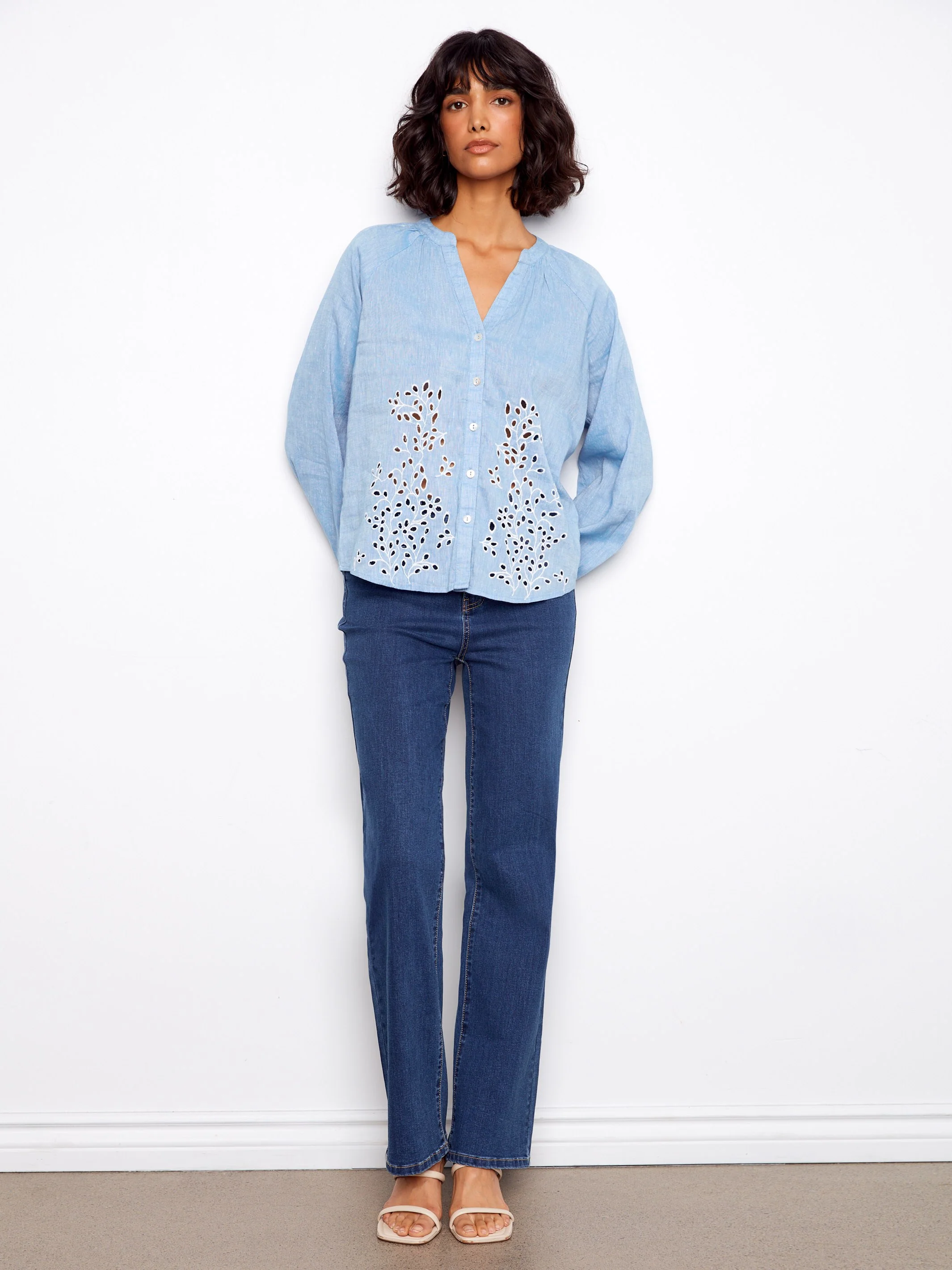 Cotton-Linen Button-Front Embroidered Blouse - Chambray - Image 7