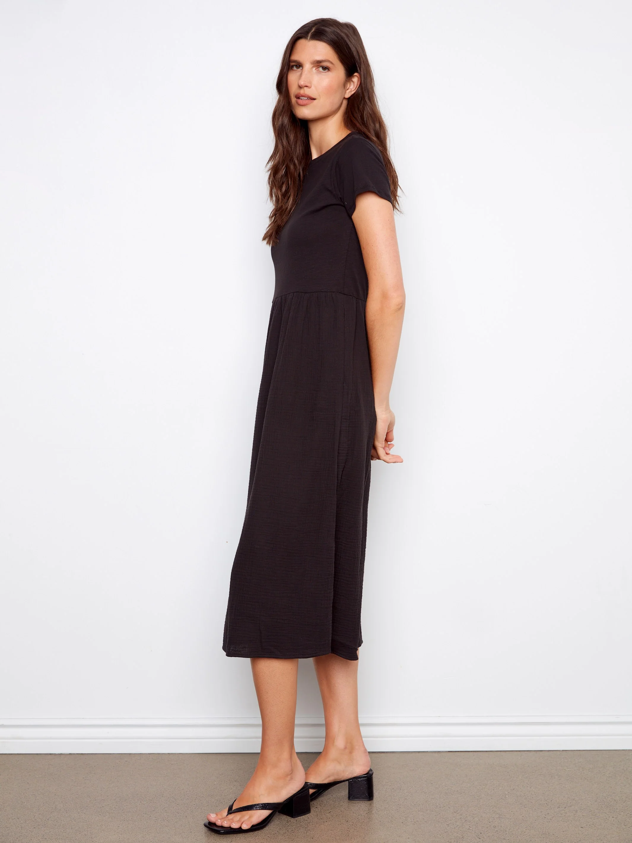 Cotton Short Sleeve Midi Dress - Black - Image 3