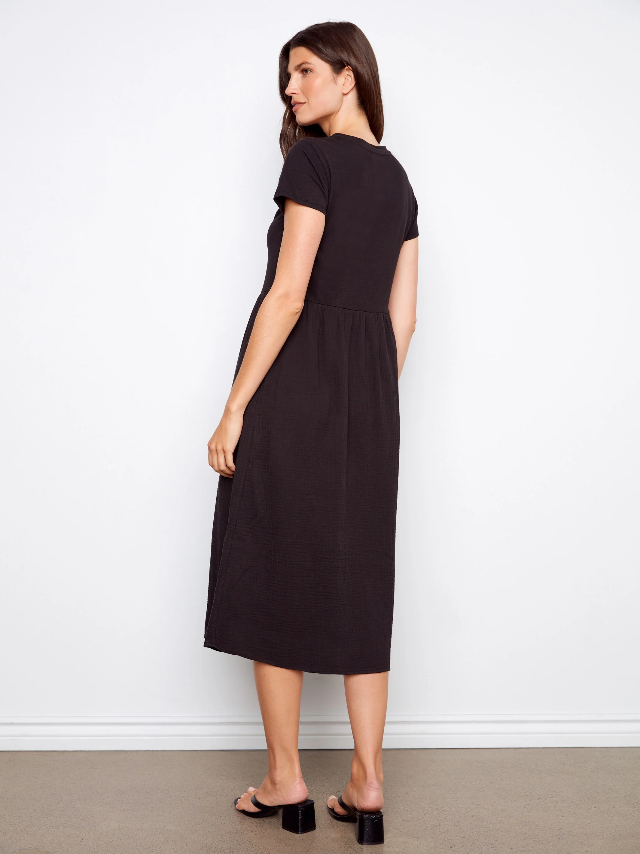 Cotton Short Sleeve Midi Dress - Black - Image 4