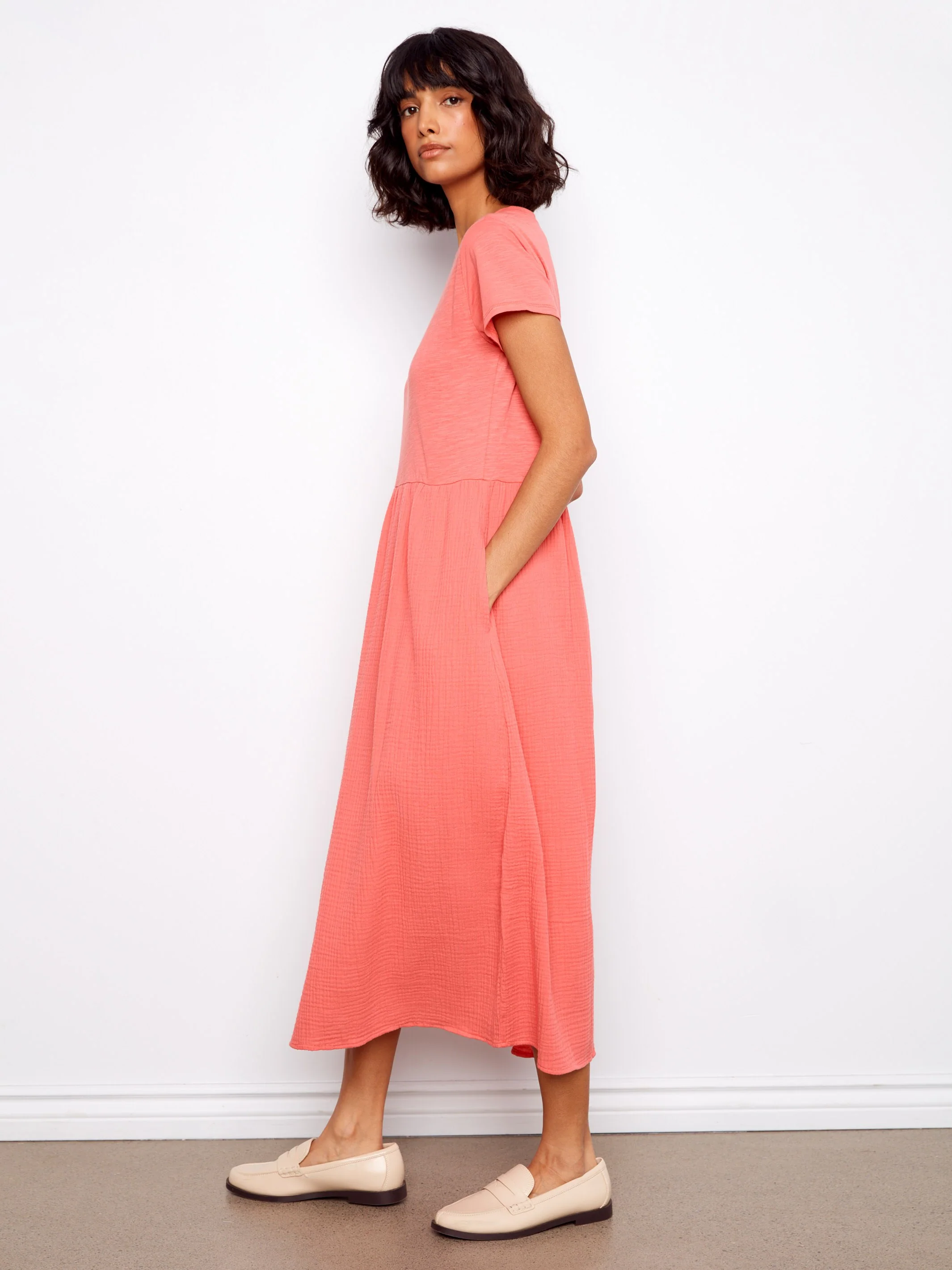 Cotton Short Sleeve Midi Dress - Sorbet - Image 3