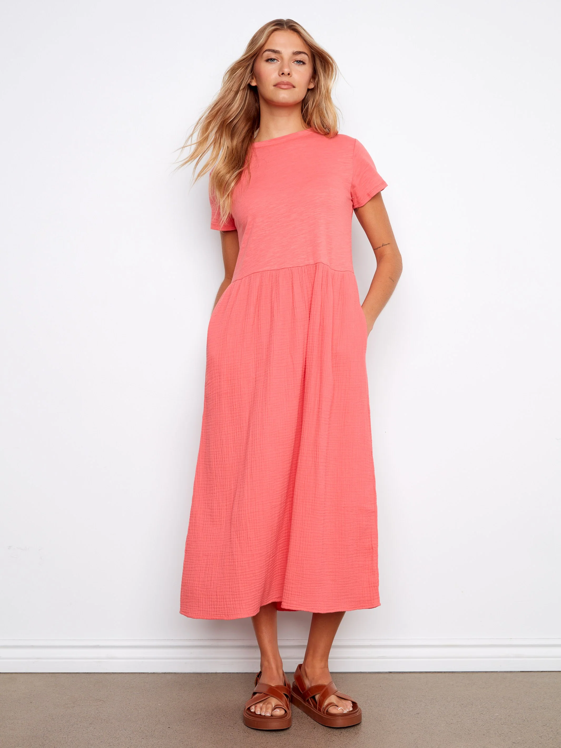 Cotton Short Sleeve Midi Dress - Sorbet - Image 6