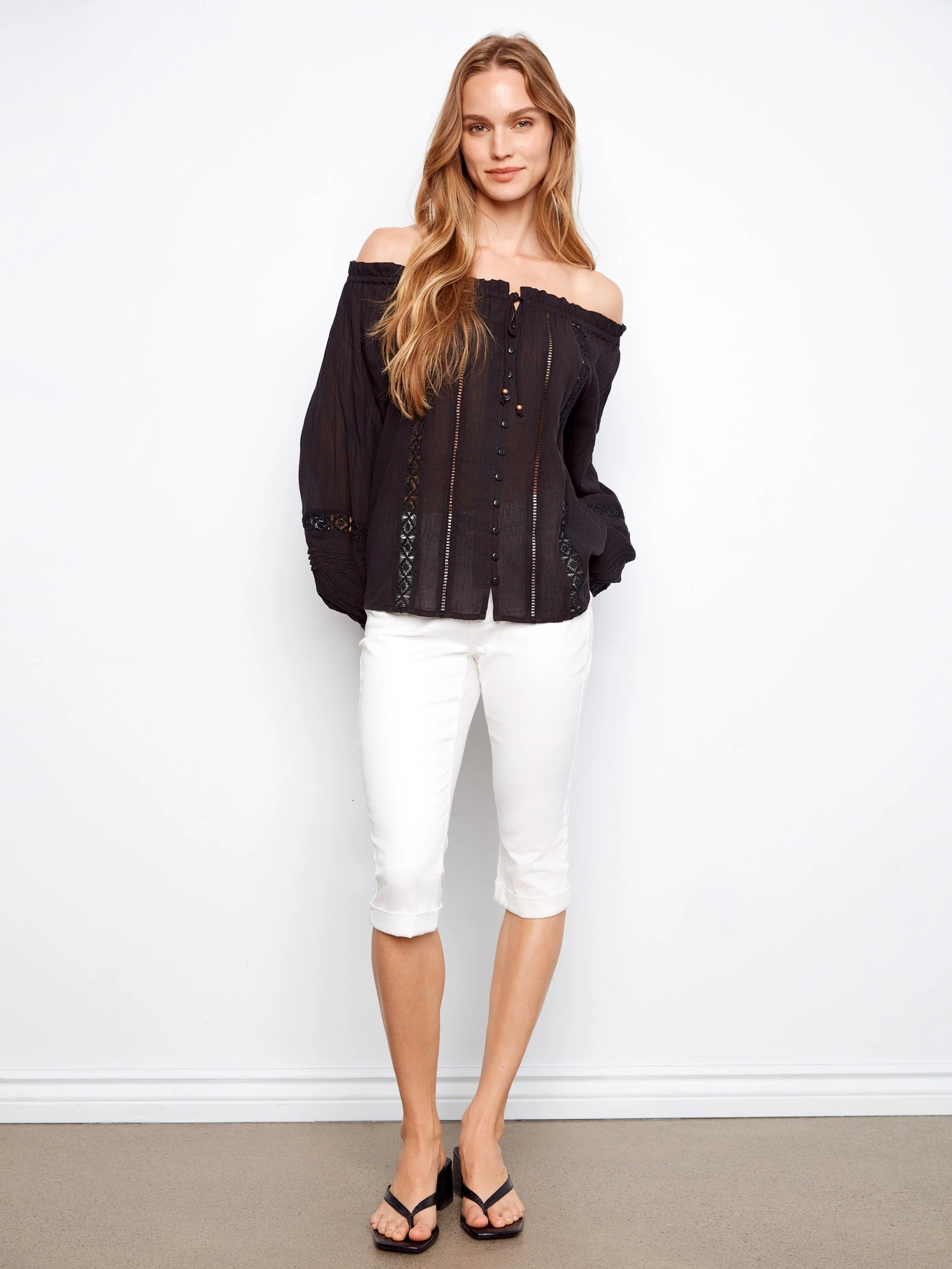 Cotton Voile Off-Shoulder Blouse - Black - Image 2