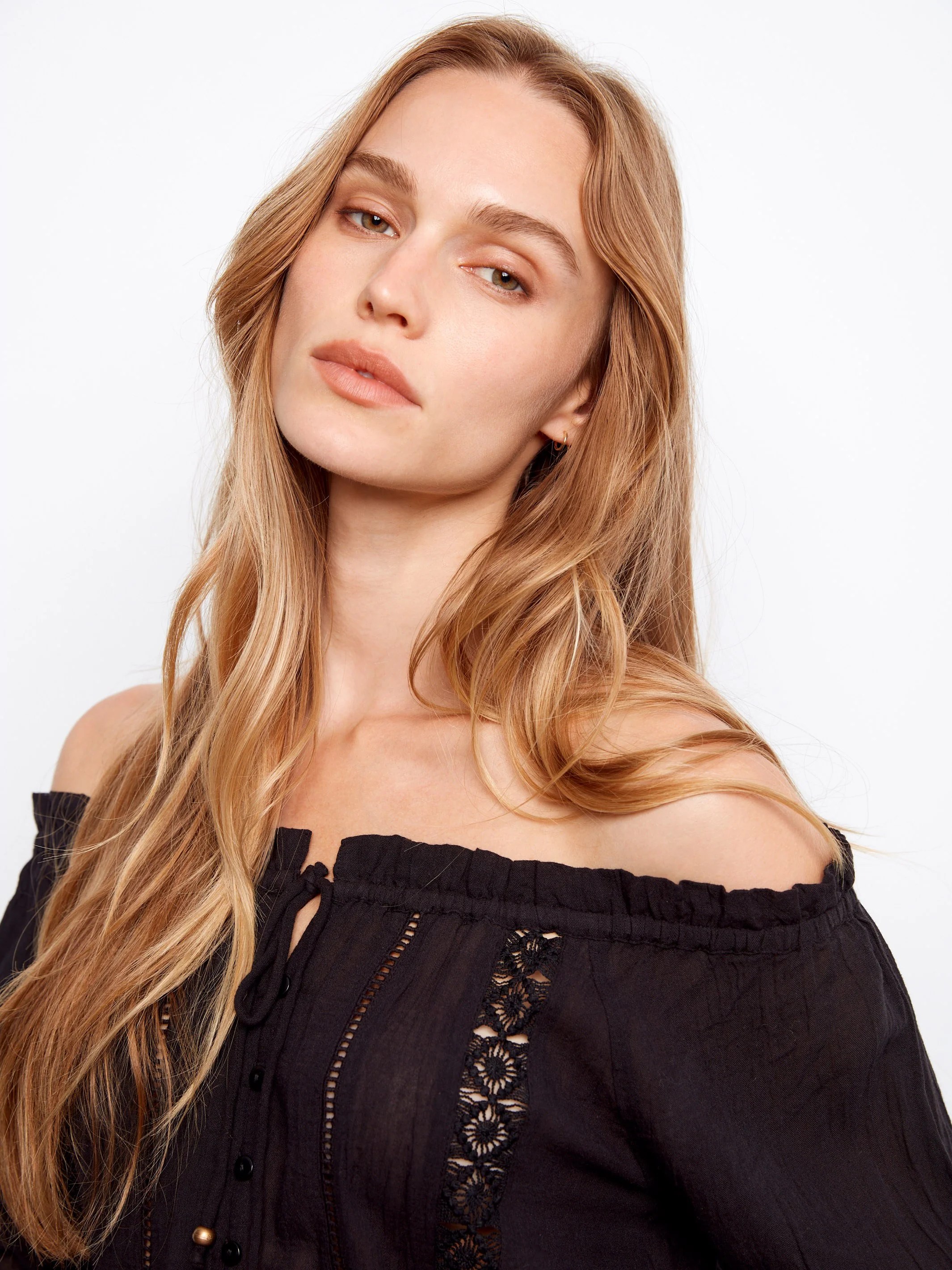Cotton Voile Off-Shoulder Blouse - Black - Image 3