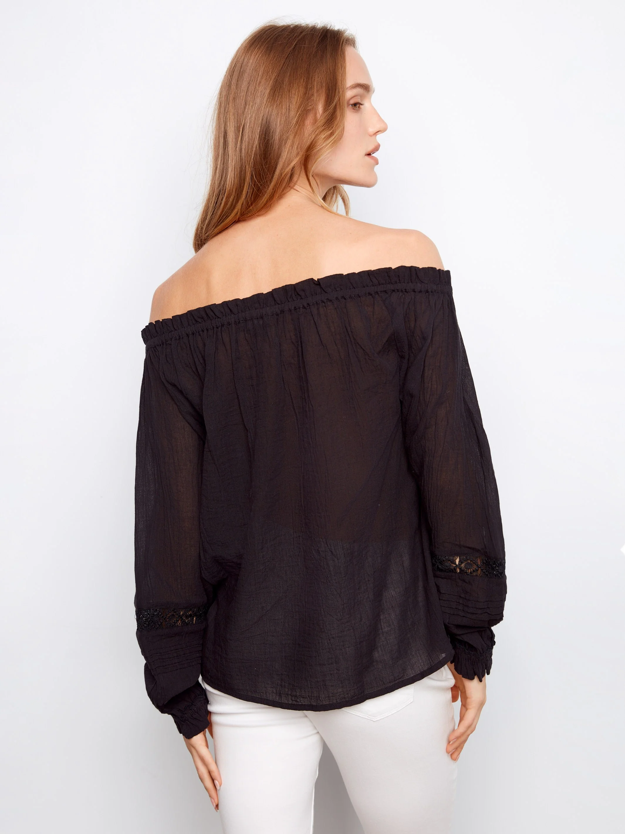 Cotton Voile Off-Shoulder Blouse - Black - Image 4