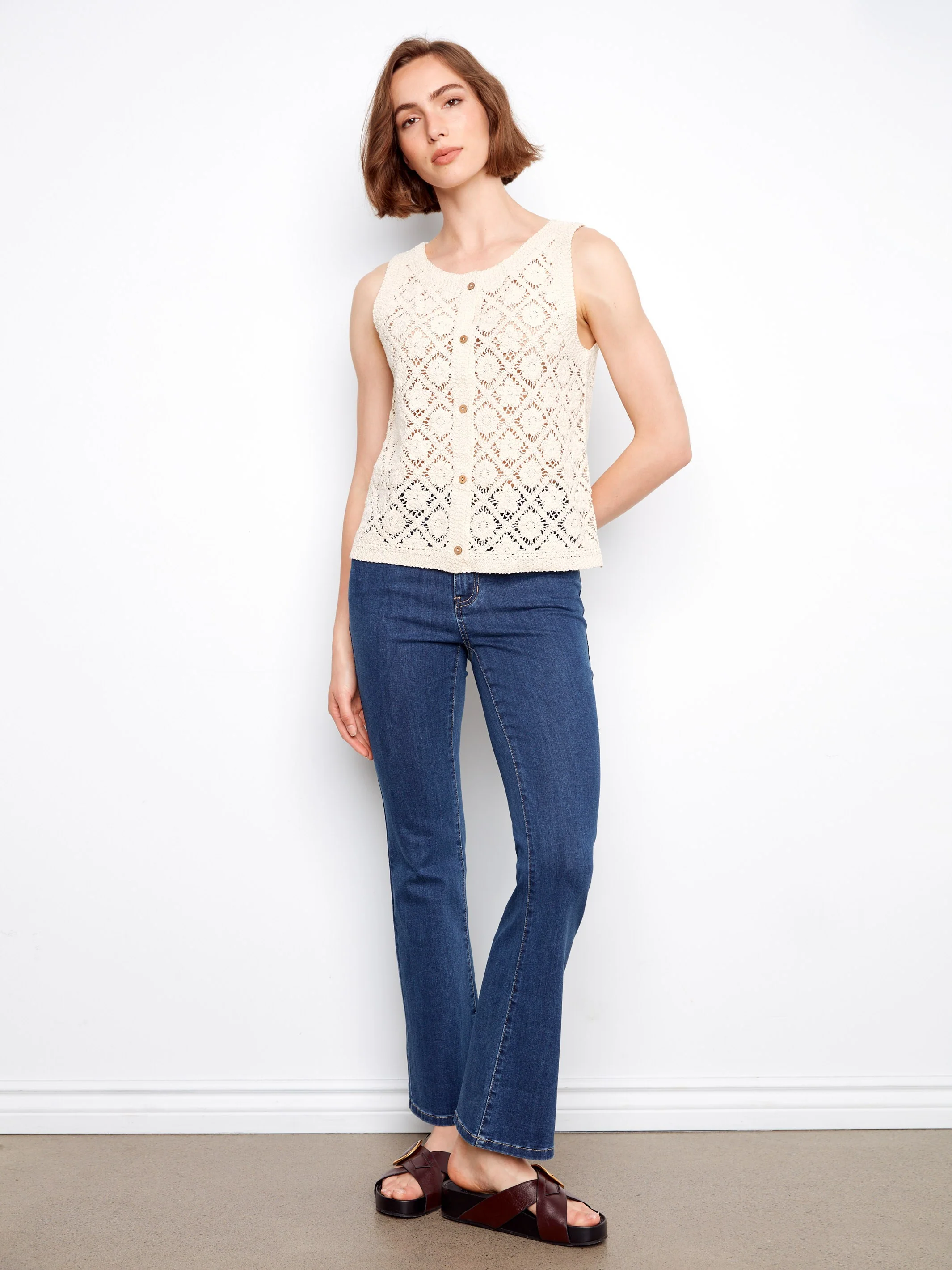 Crochet Cotton Sleeveless Vest - Natural - Image 3