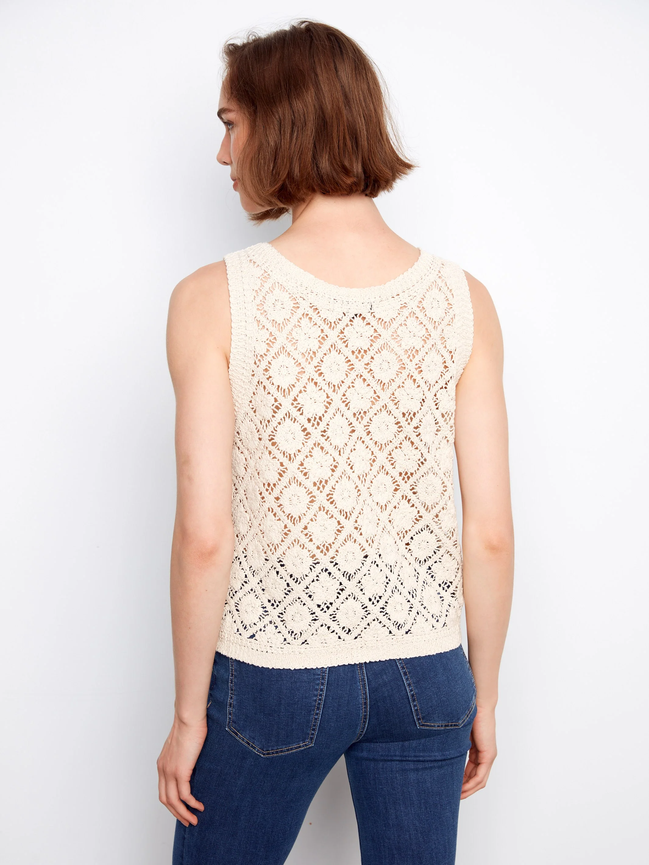 Crochet Cotton Sleeveless Vest - Natural - Image 4