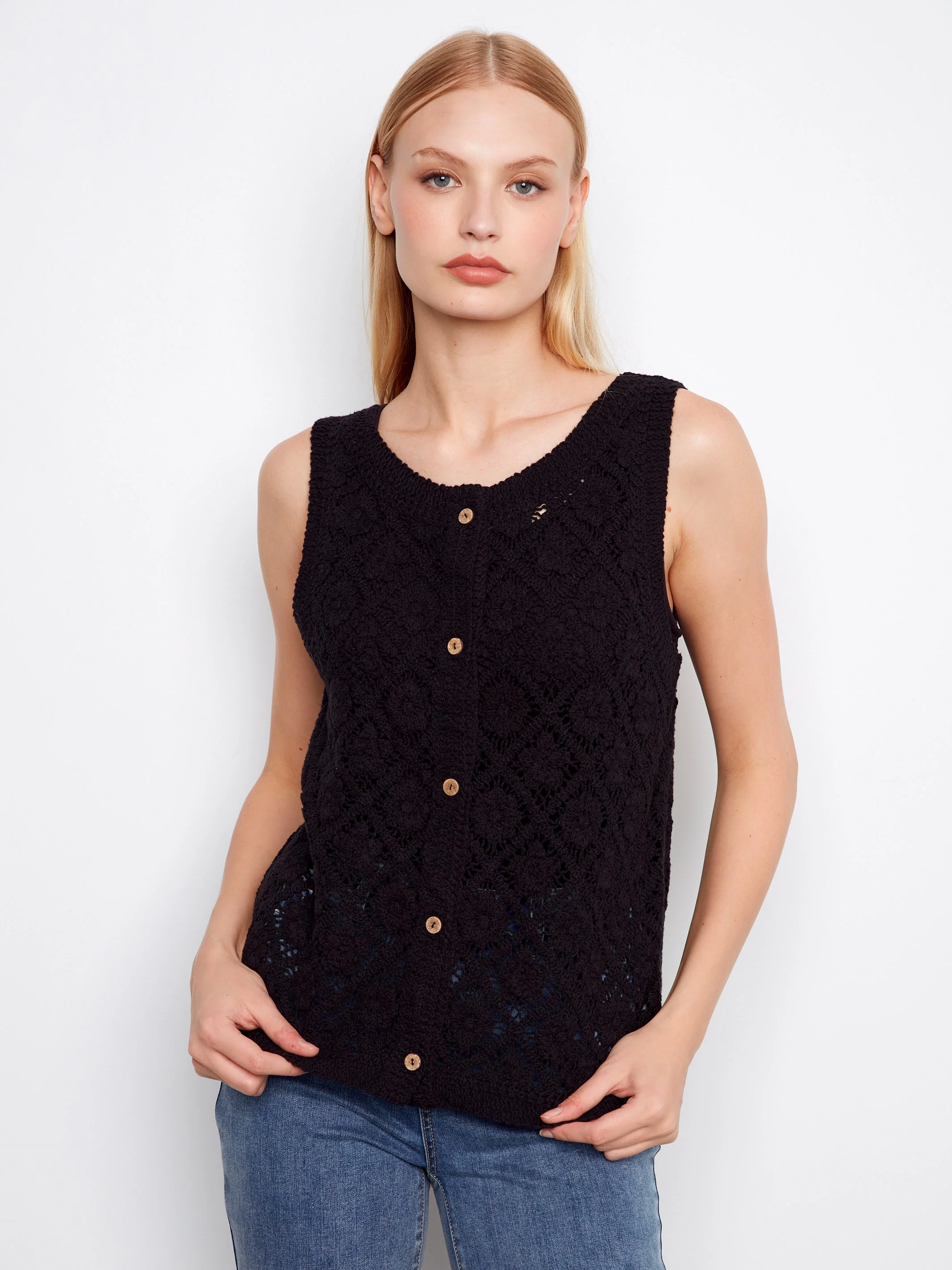Crochet Cotton Sleeveless Vest - Black - Image 4