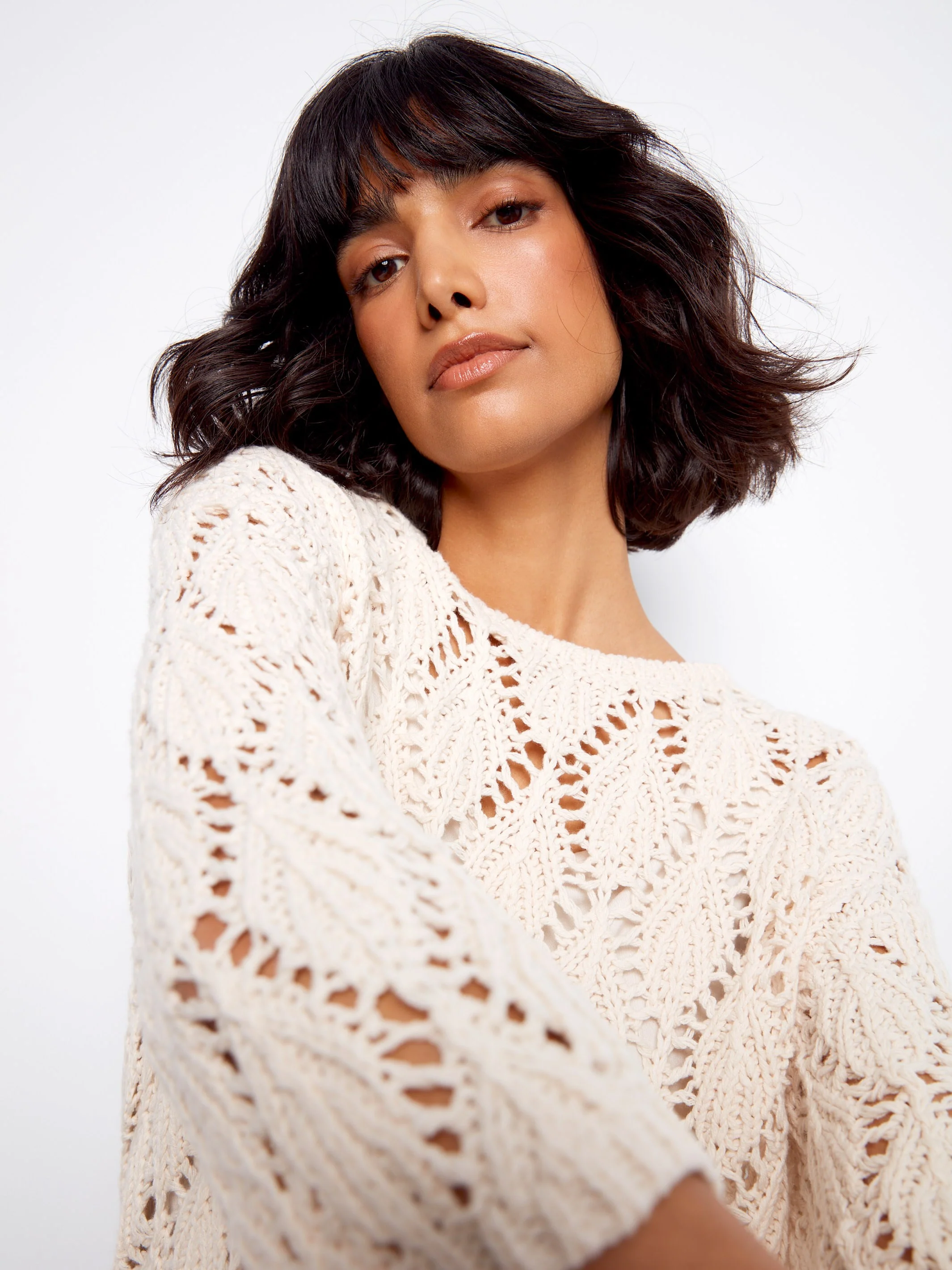 Crochet Crew Neck Sweater - Natural - Image 3