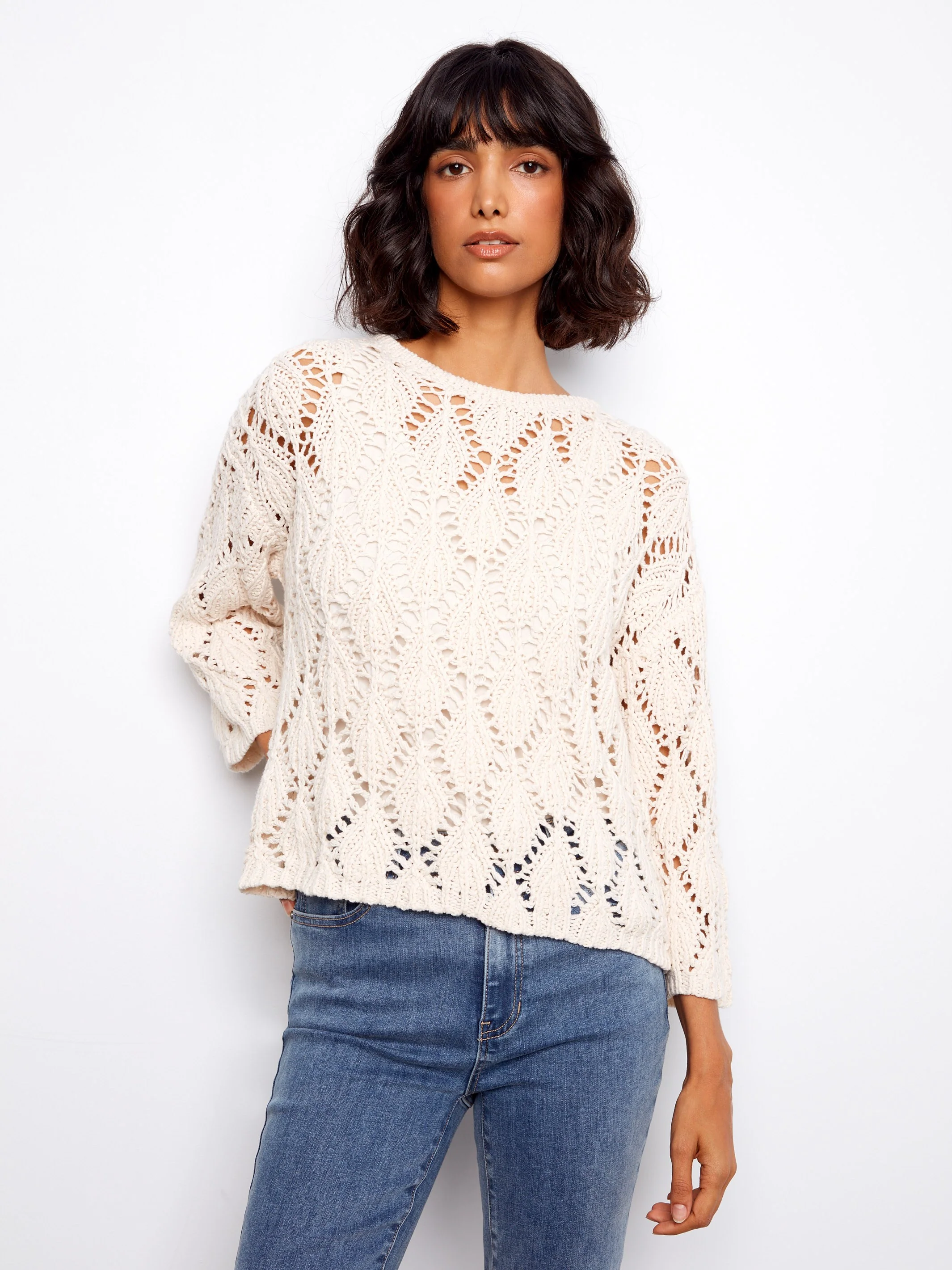 Crochet Crew Neck Sweater - Natural - Image 4