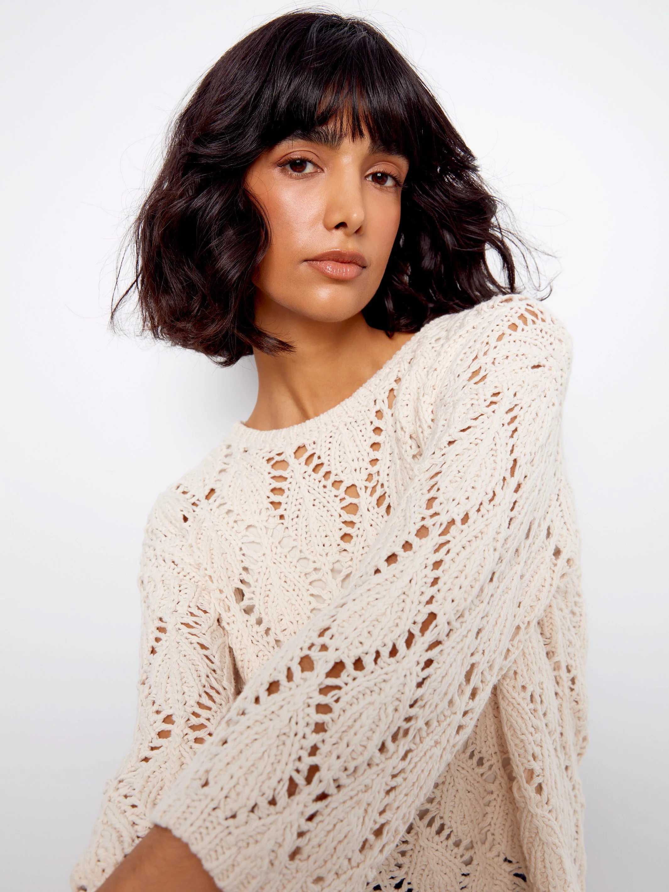 Crochet Crew Neck Sweater - Natural - Image 6
