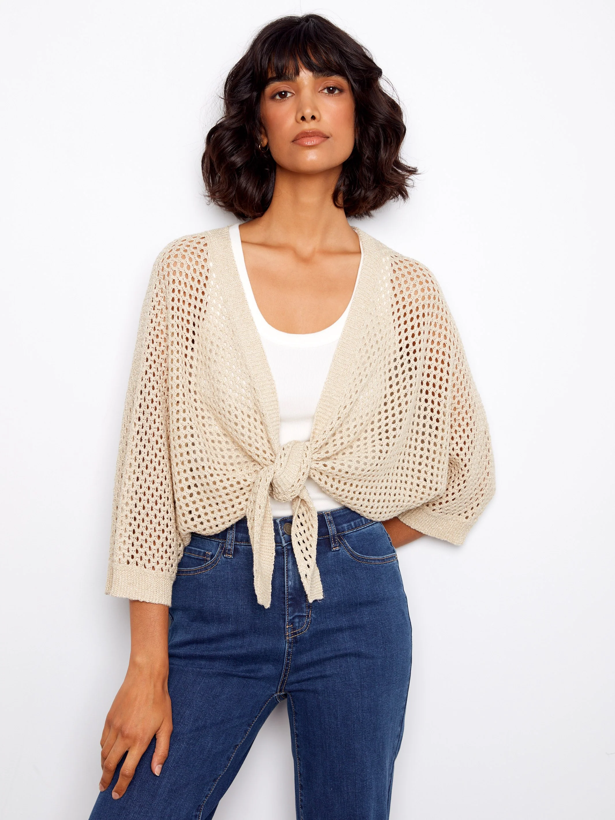 Crochet Lurex Tie-Front Bolero - Gold - Image 5