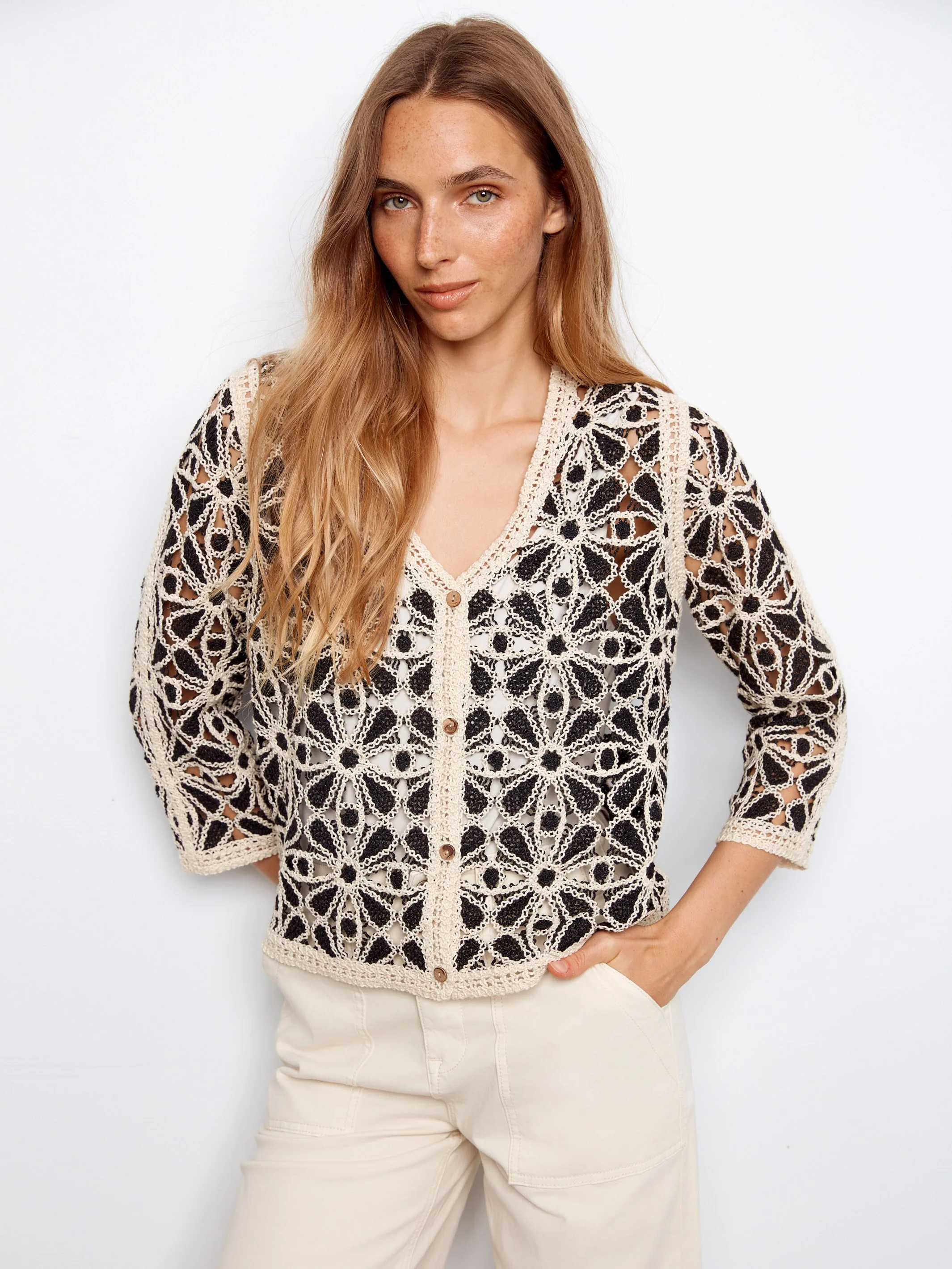 Crochet V-Neck Cardigan - Black