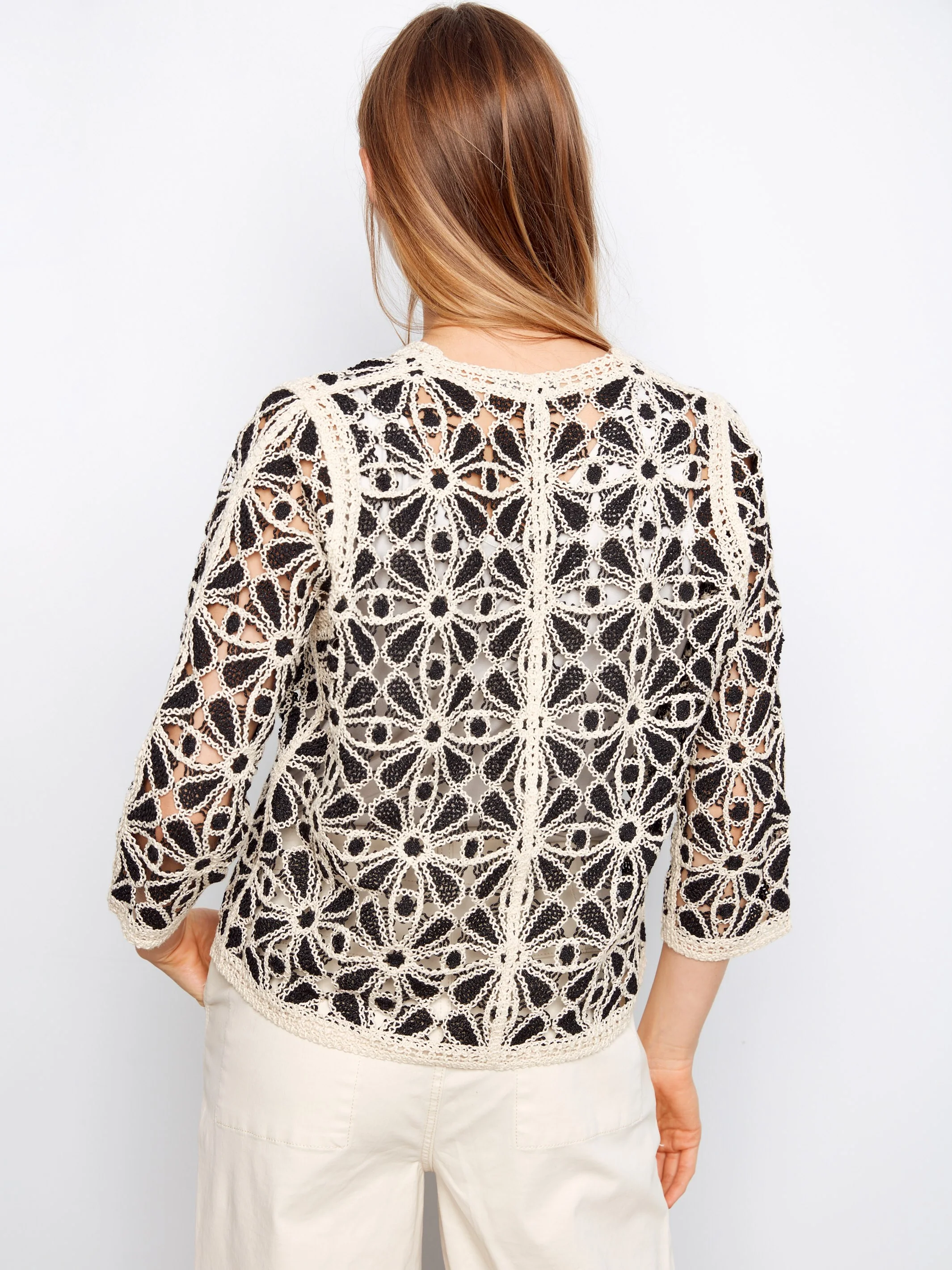 Crochet V-Neck Cardigan - Black - Image 4
