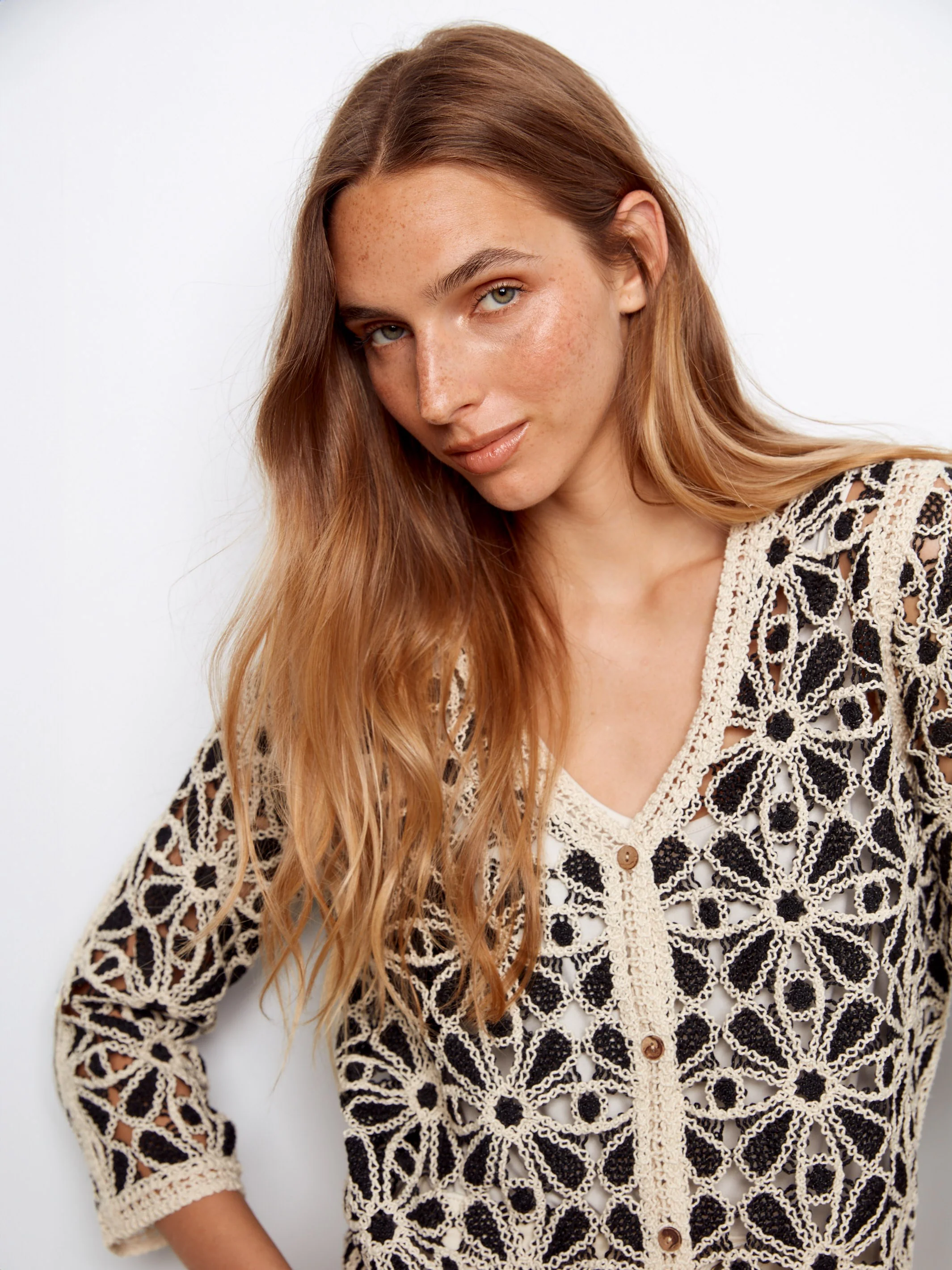 Crochet V-Neck Cardigan - Black - Image 5