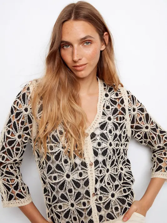 Crochet V-Neck Cardigan - Black - Image 7