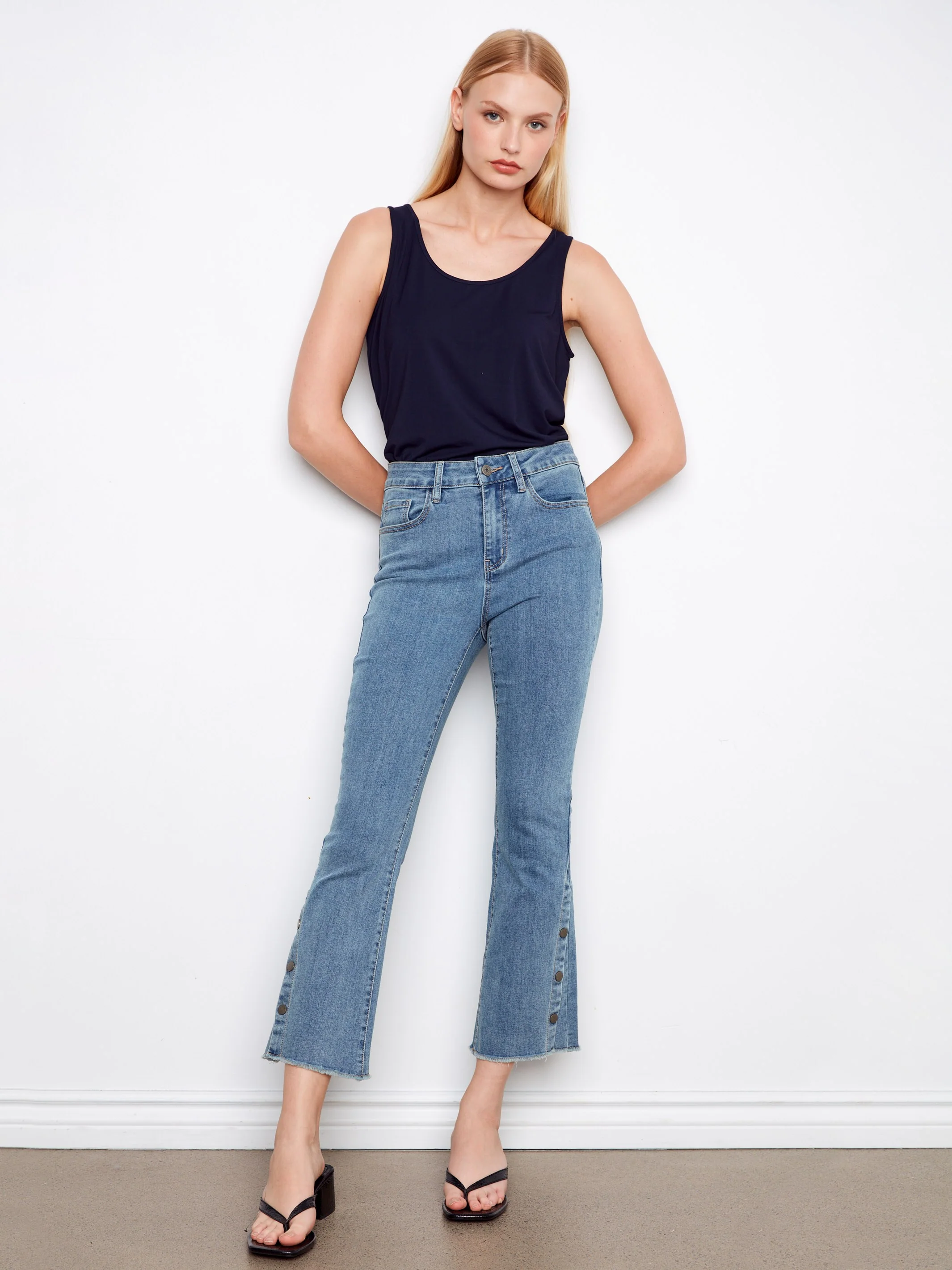 Cropped Bootcut Jeans With Side Snaps - Soft Blue