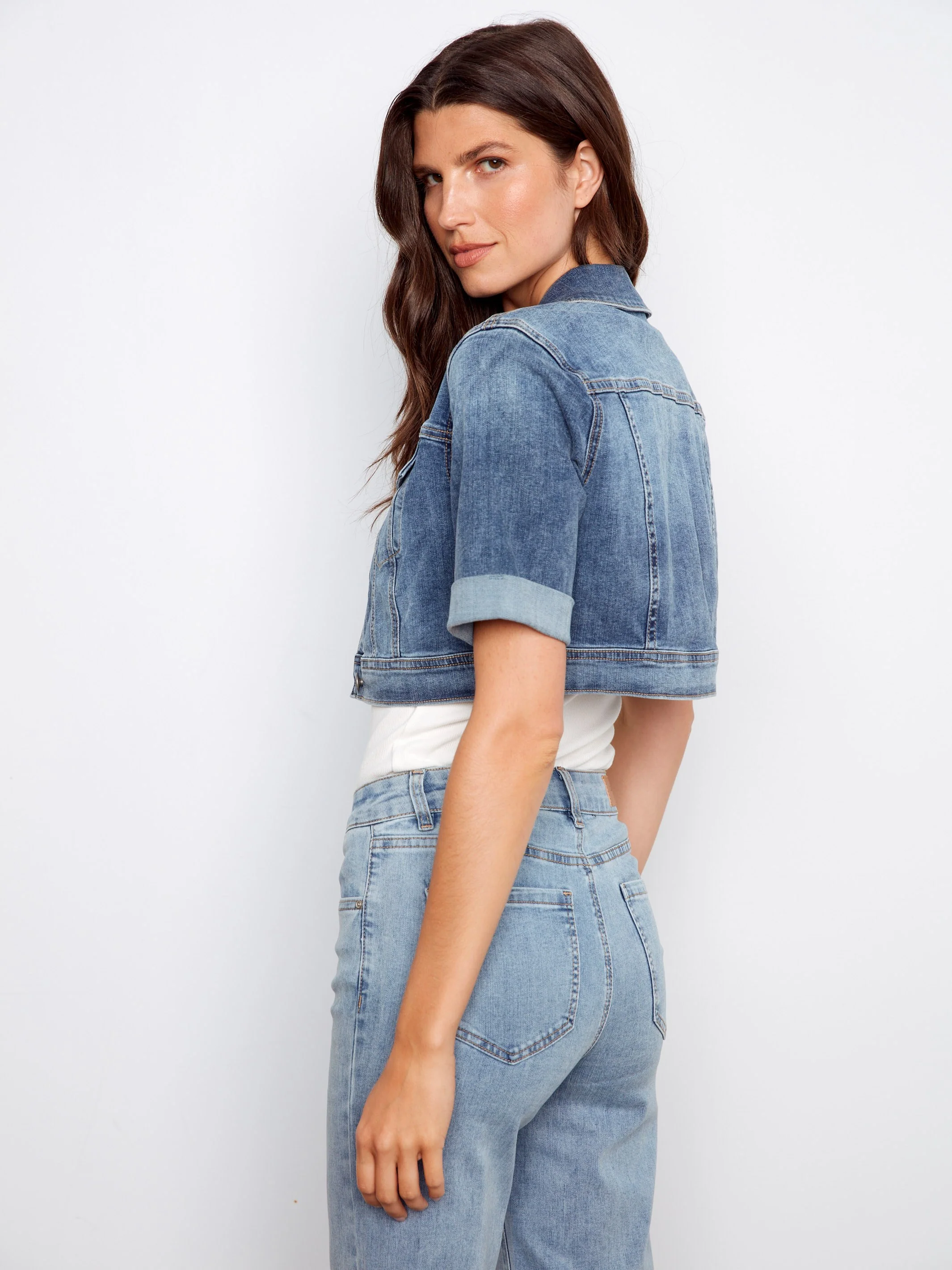 Cropped Denim Jacket - Medium Blue - Image 4