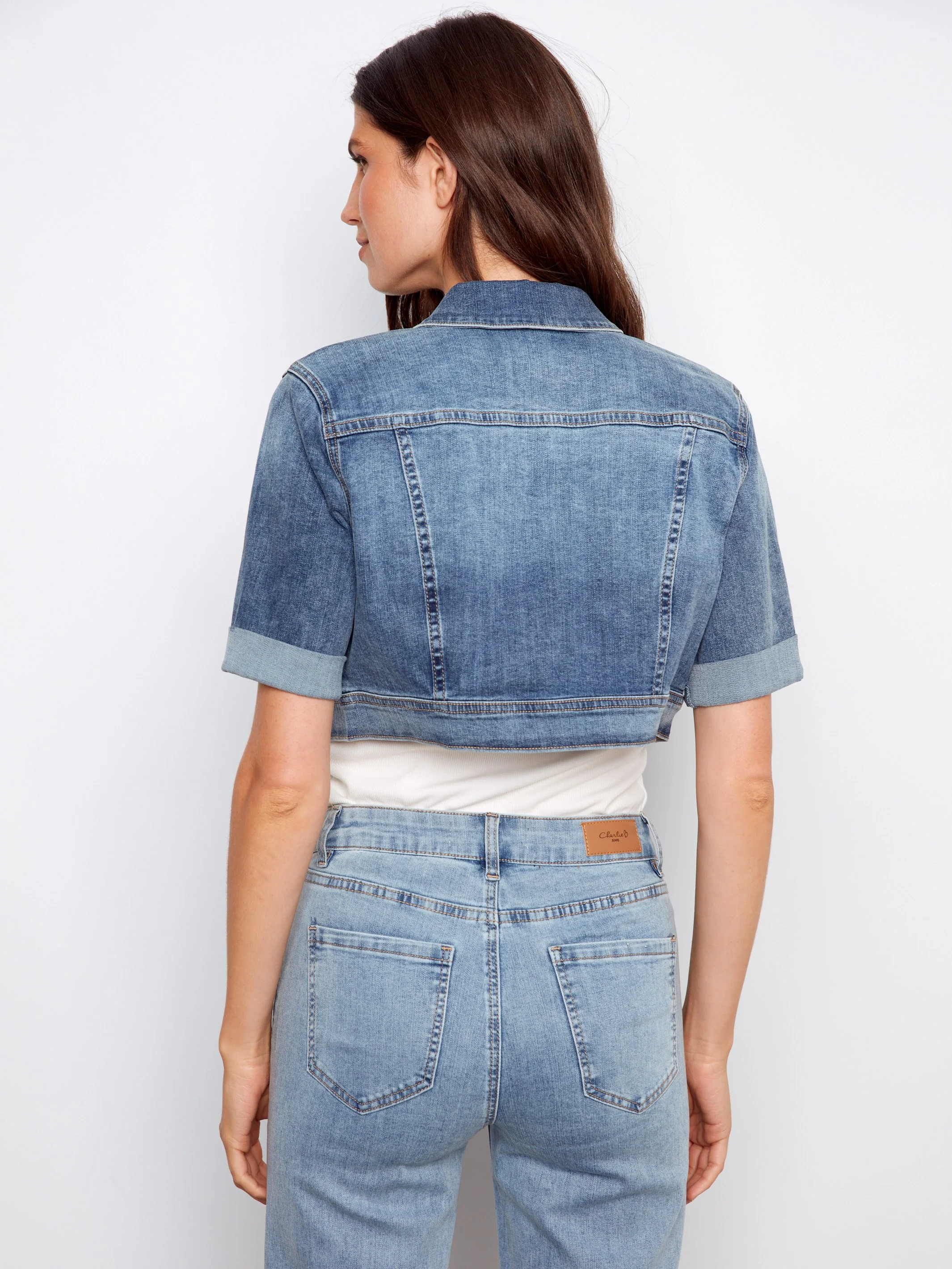 Cropped Denim Jacket - Medium Blue - Image 5