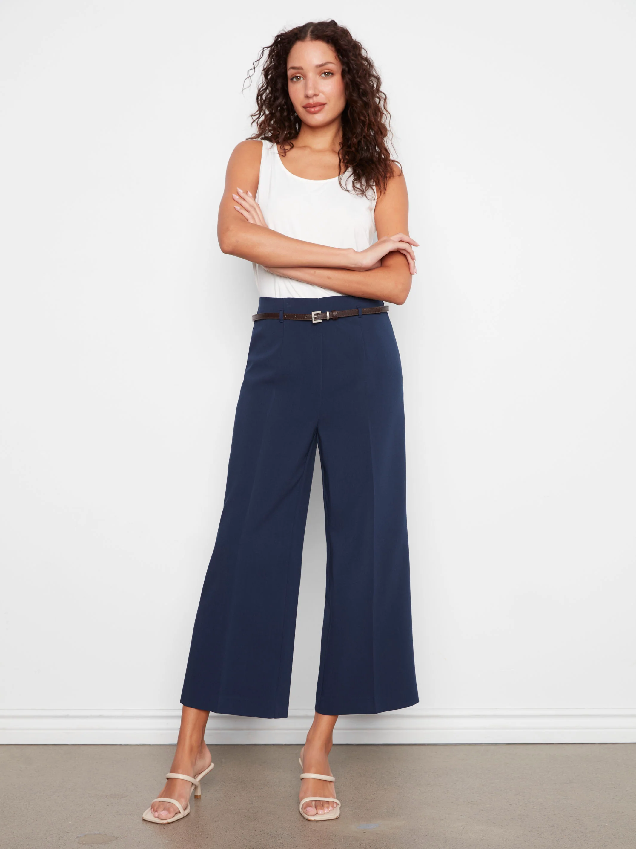 Cropped Dressy Belted Pants - Navy - Image 5
