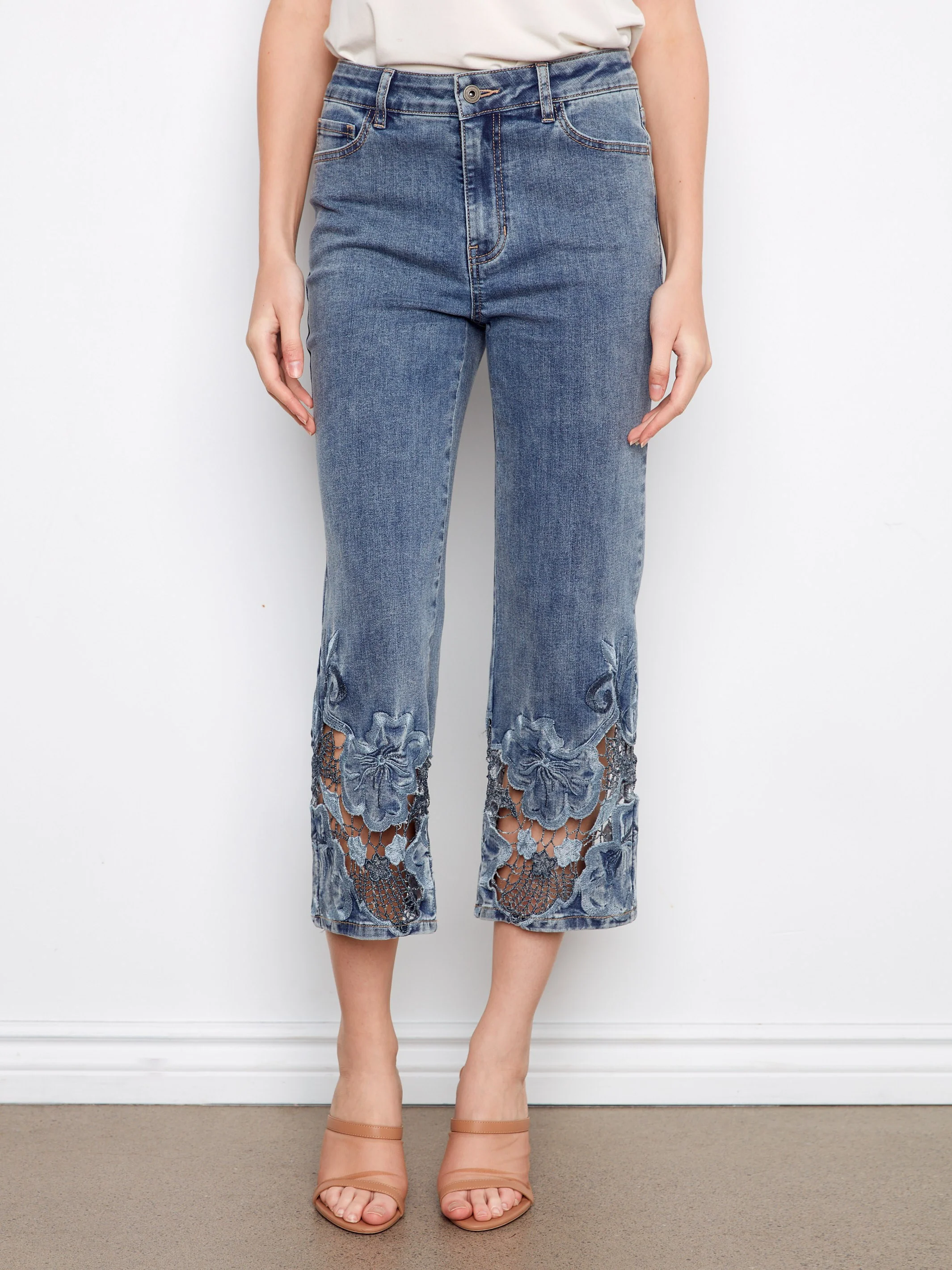 Cropped Embroidered Flare Jeans - Medium Blue - Image 2
