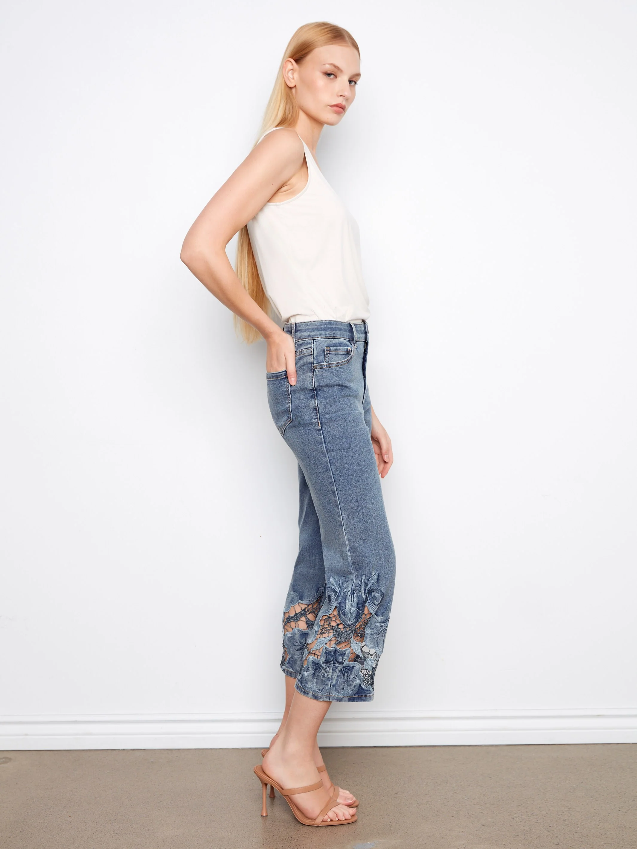Cropped Embroidered Flare Jeans - Medium Blue - Image 3