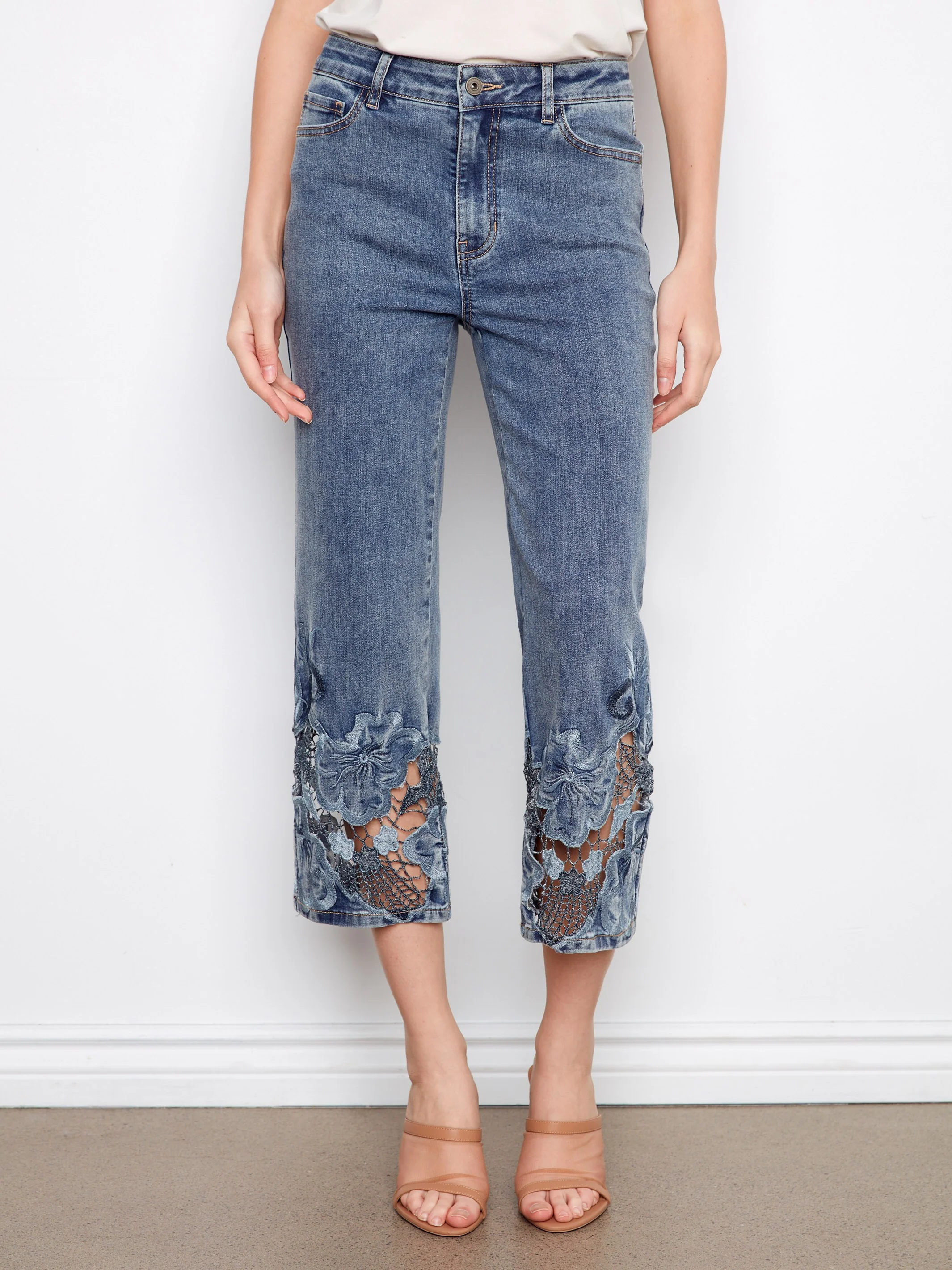 Cropped Embroidered Flare Jeans - Medium Blue - Image 7