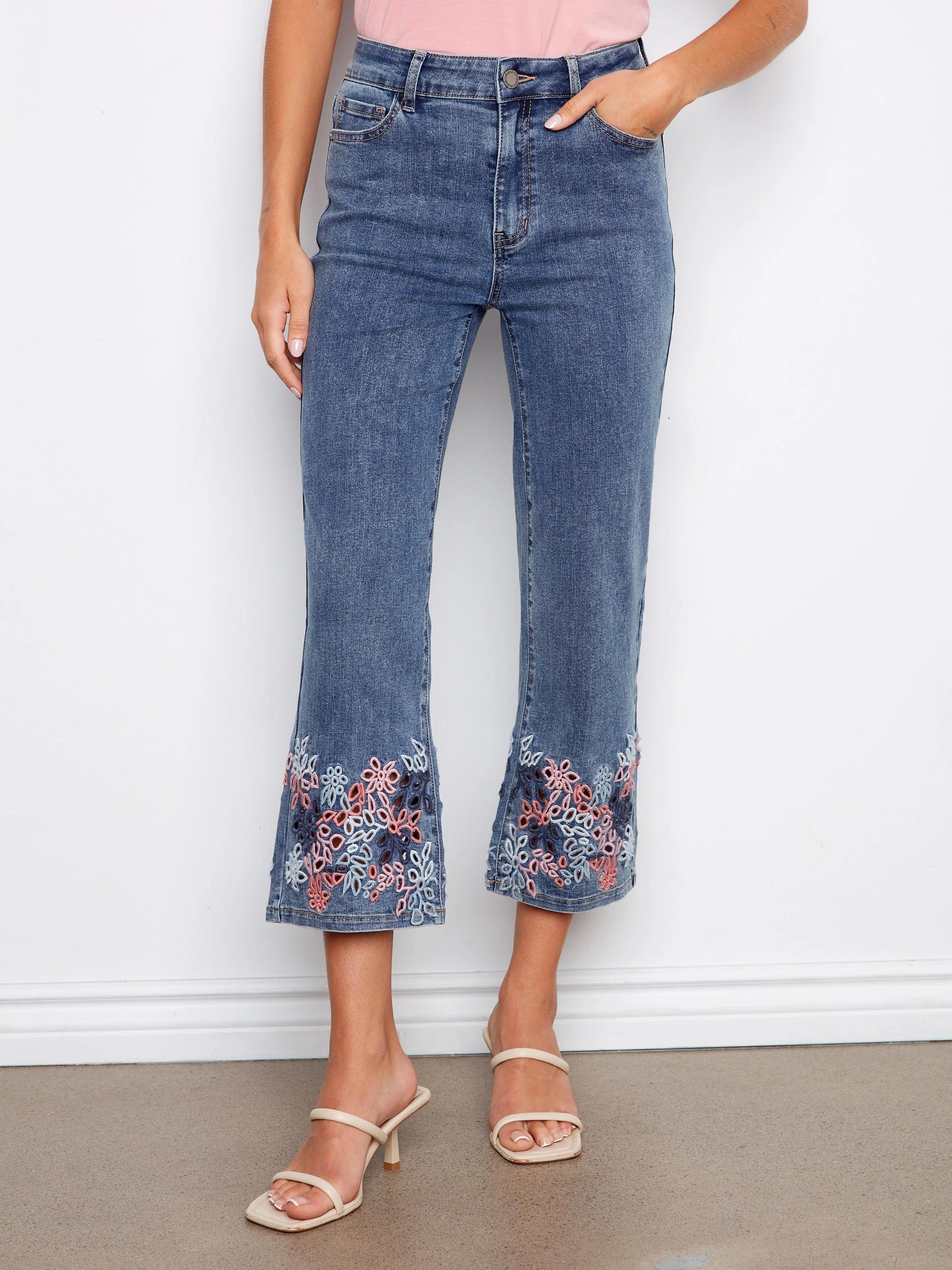 Cropped Flare Jeans With Eyelet Embroidery - Medium Blue - Image 6
