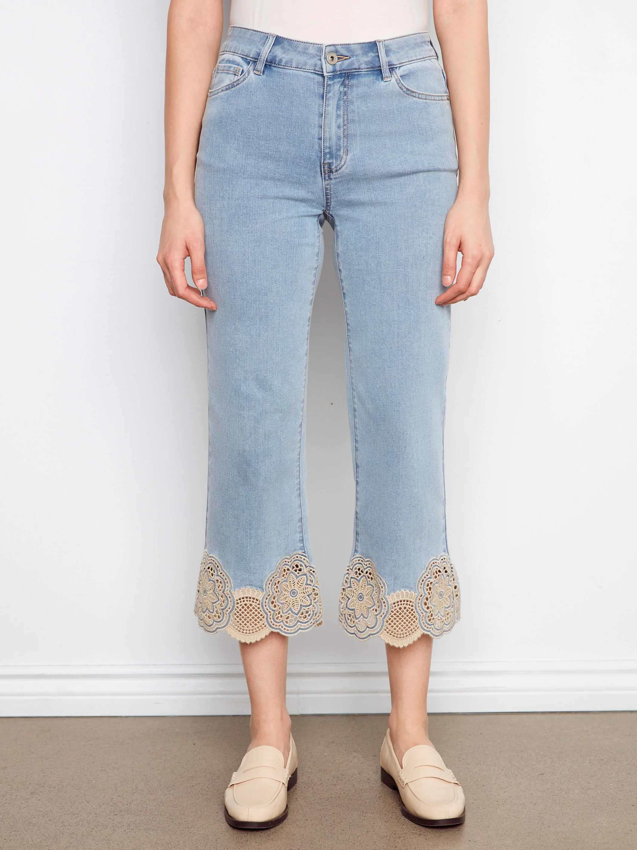 Cropped Flare Jeans With Lace Hem - Light Blue - Image 2
