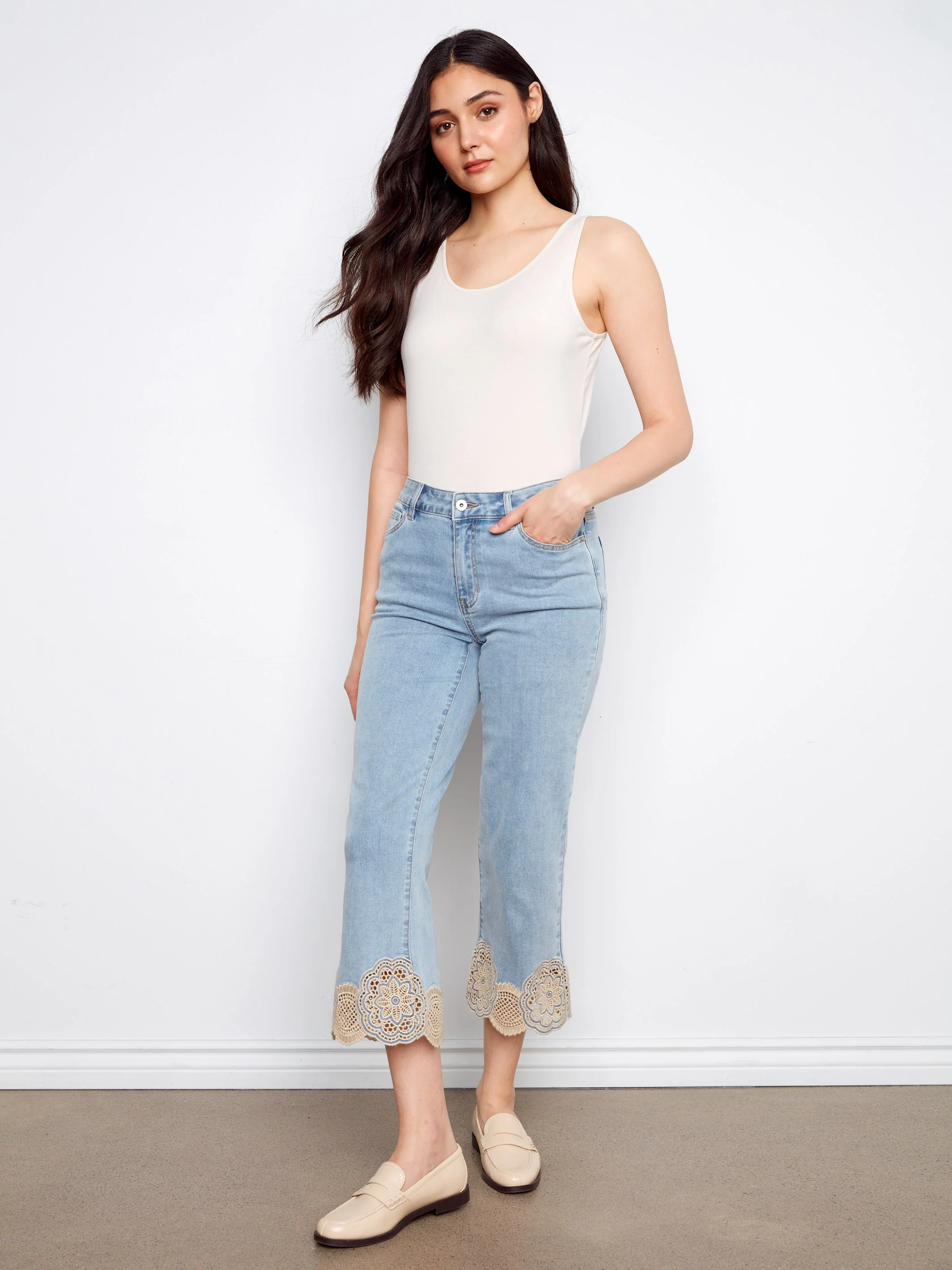 Cropped Flare Jeans With Lace Hem - Light Blue - Image 3