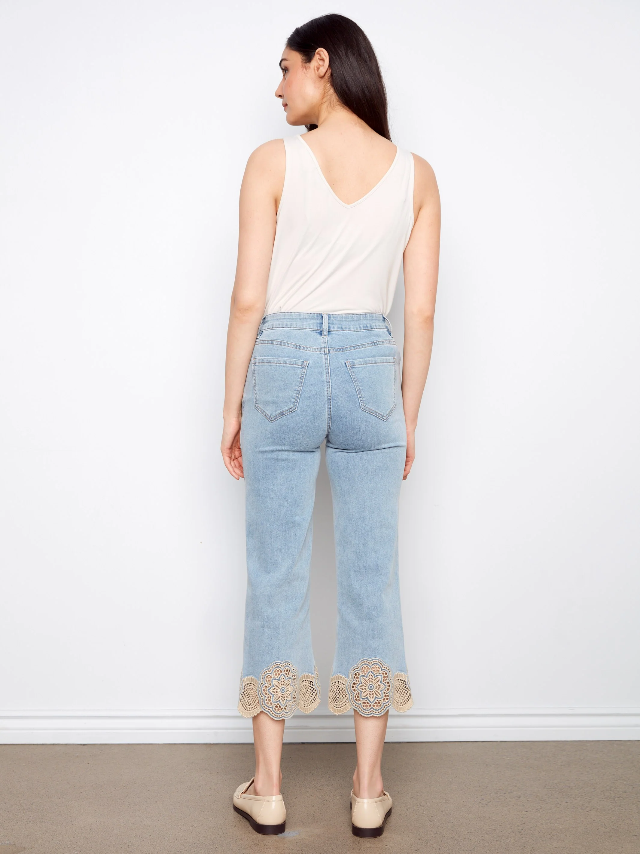 Cropped Flare Jeans With Lace Hem - Light Blue - Image 5
