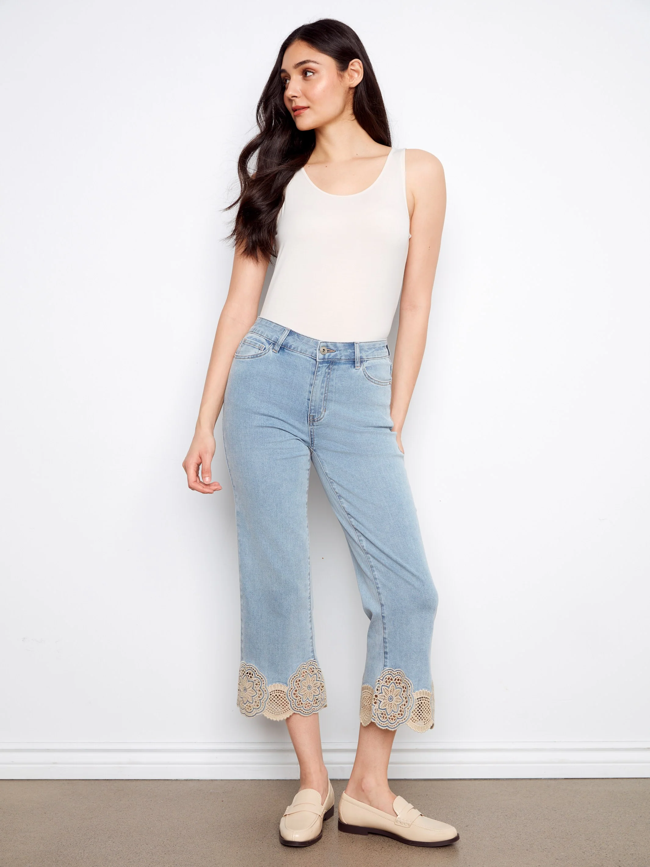 Cropped Flare Jeans With Lace Hem - Light Blue - Image 6