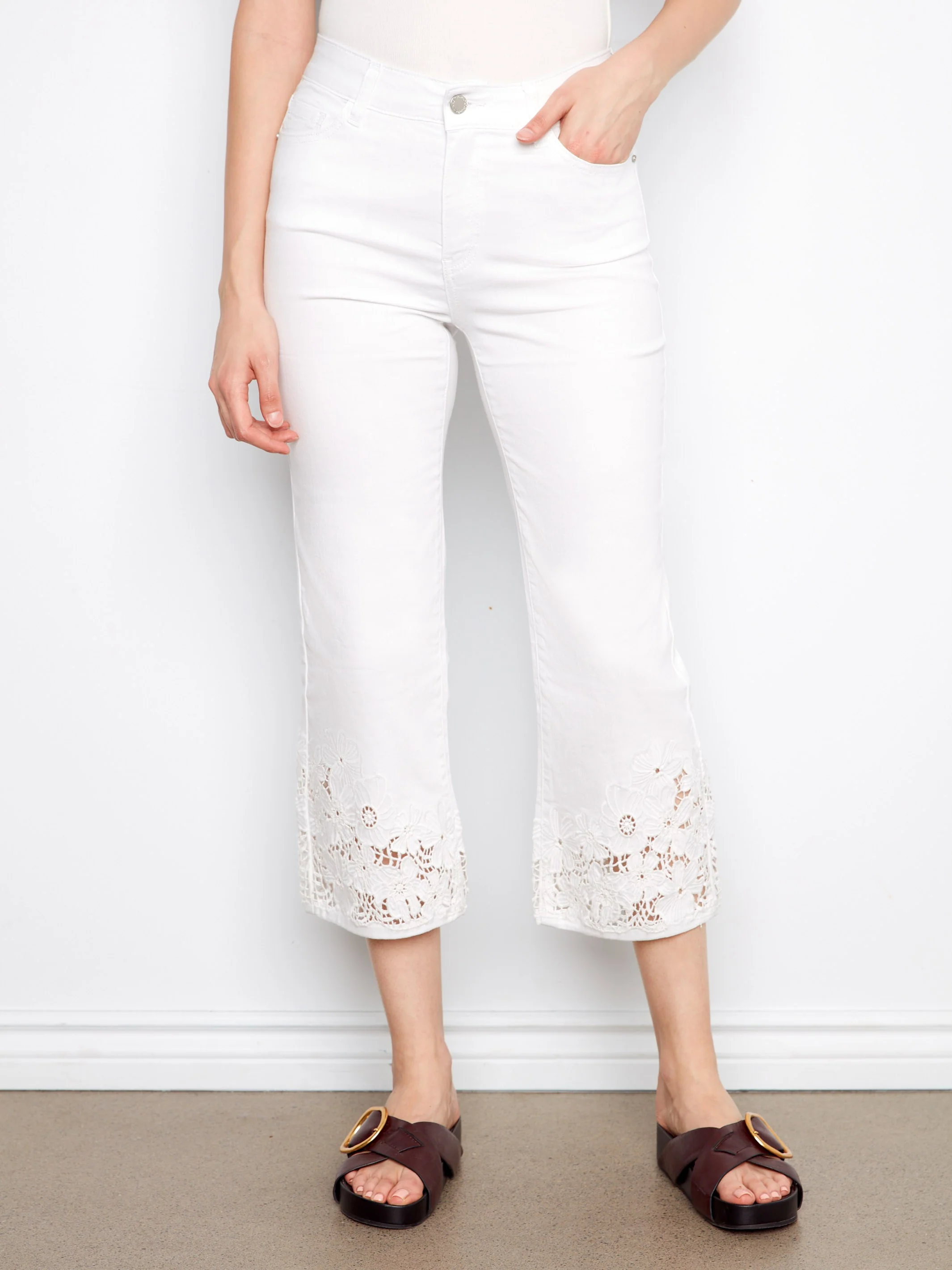 Cropped Flare Twill Jeans With Floral Lace Hem - White - Image 8