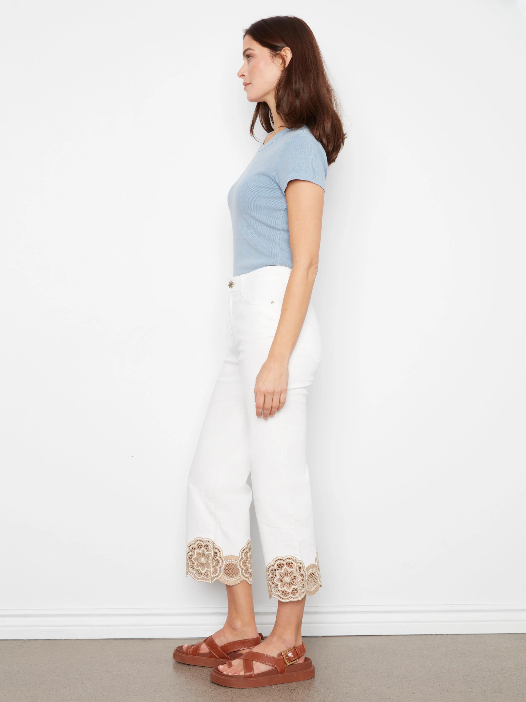 Cropped Flare Twill Jeans With Lace Hem - White - Image 3