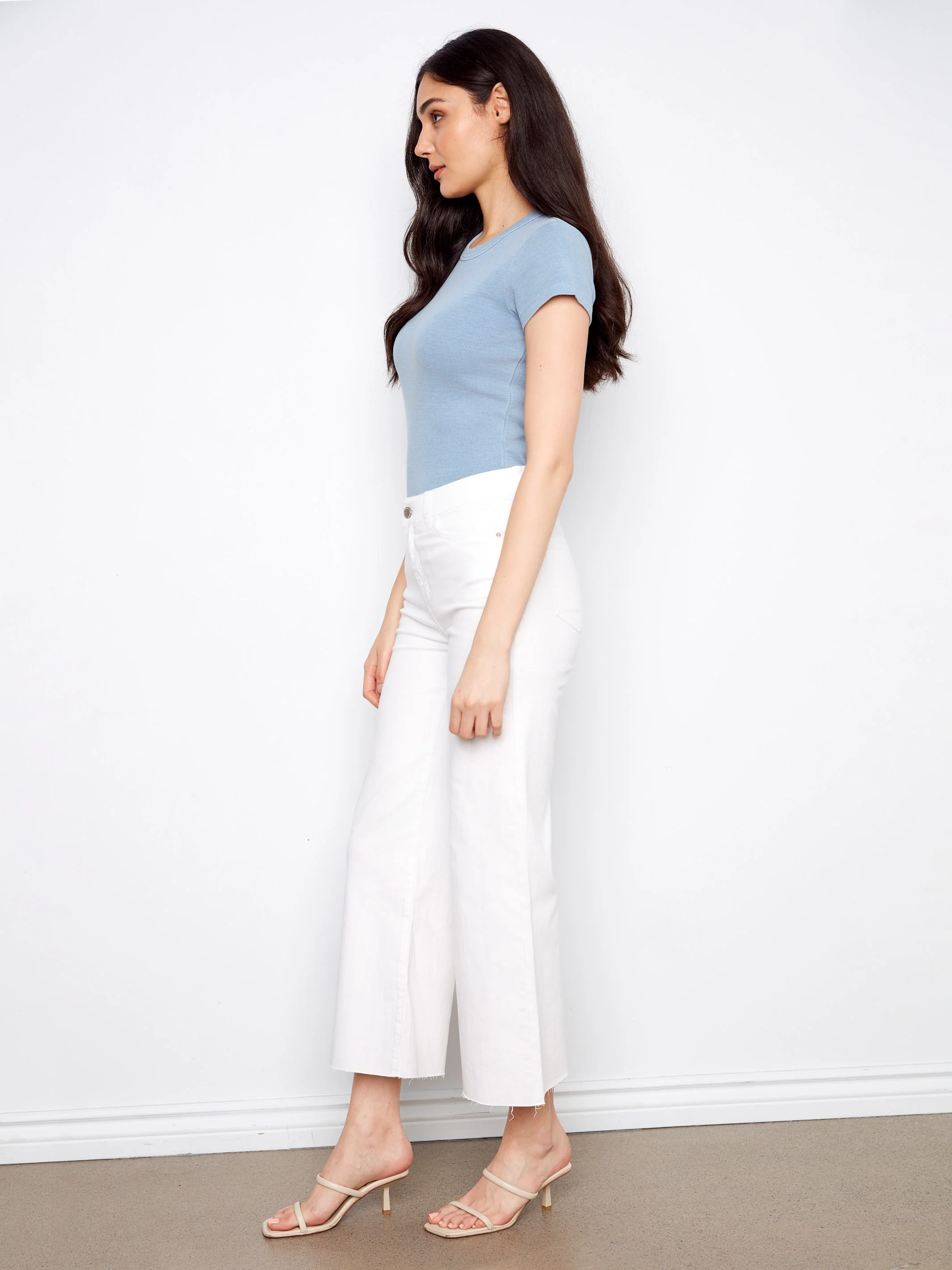 Cropped Flare Twill Pants With Raw Hem - White - Image 3