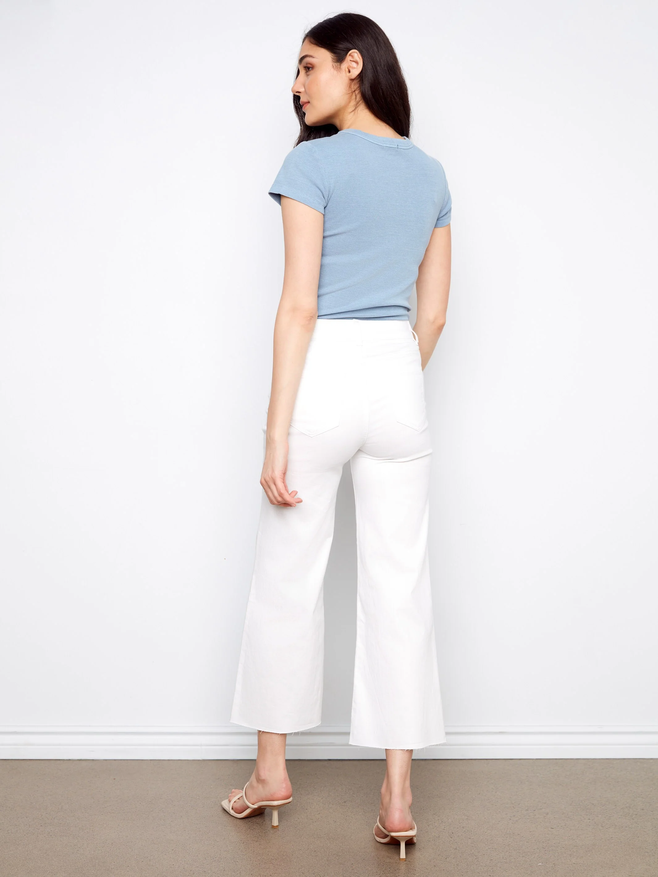 Cropped Flare Twill Pants With Raw Hem - White - Image 4