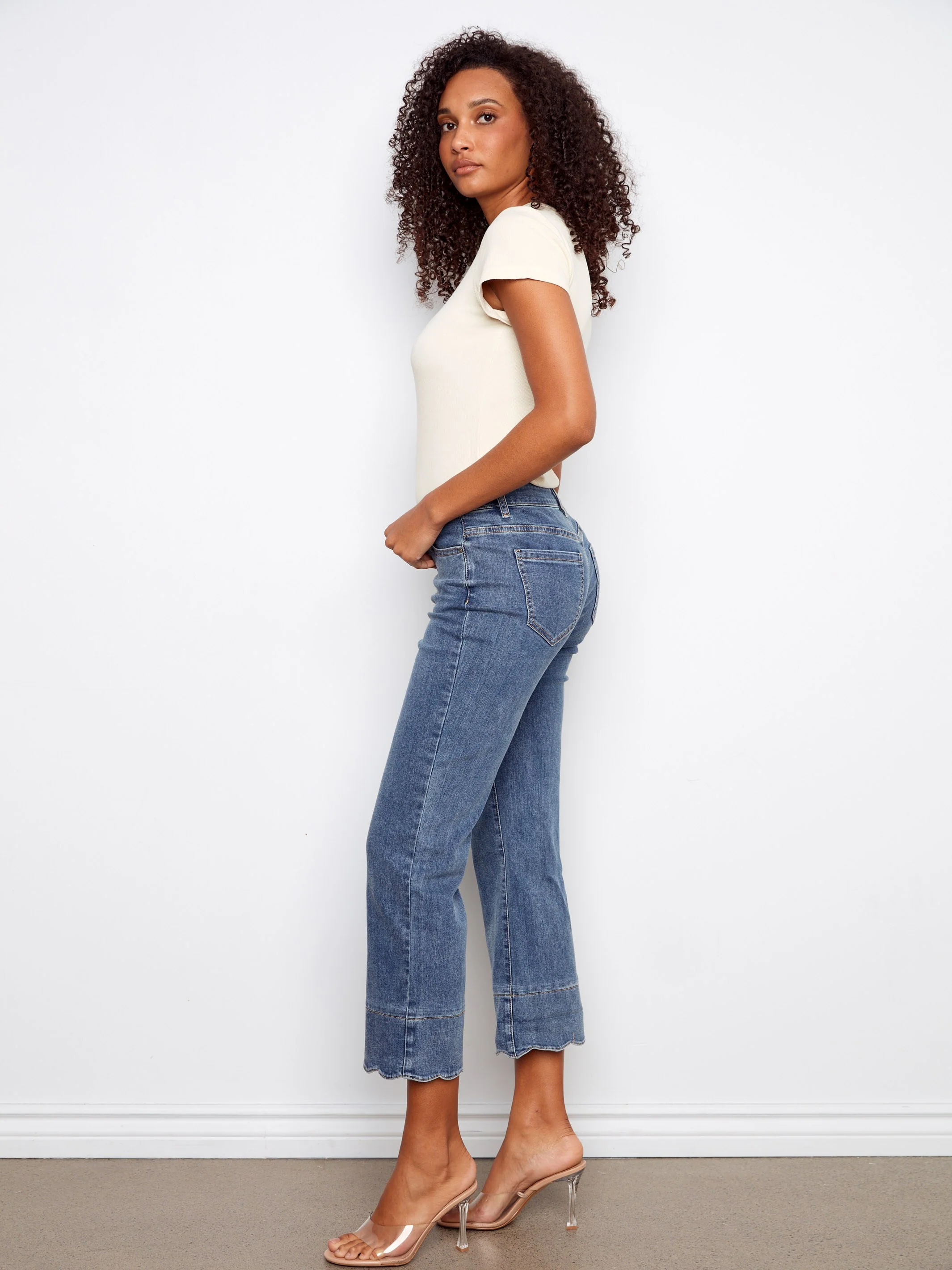 Cropped Jeans With Contrast Scallop Cuff - Medium Blue - Image 6