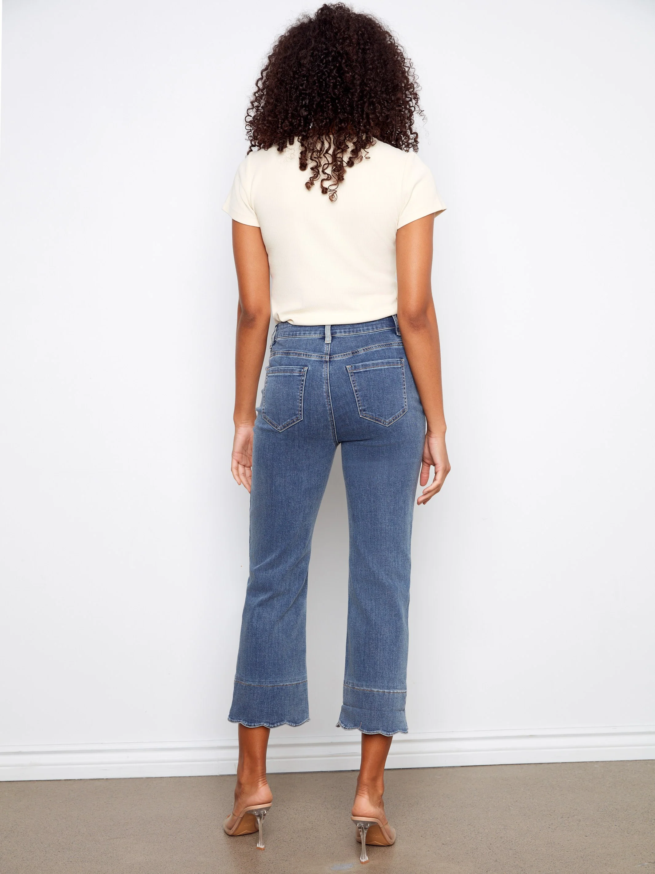 Cropped Jeans With Contrast Scallop Cuff - Medium Blue - Image 8