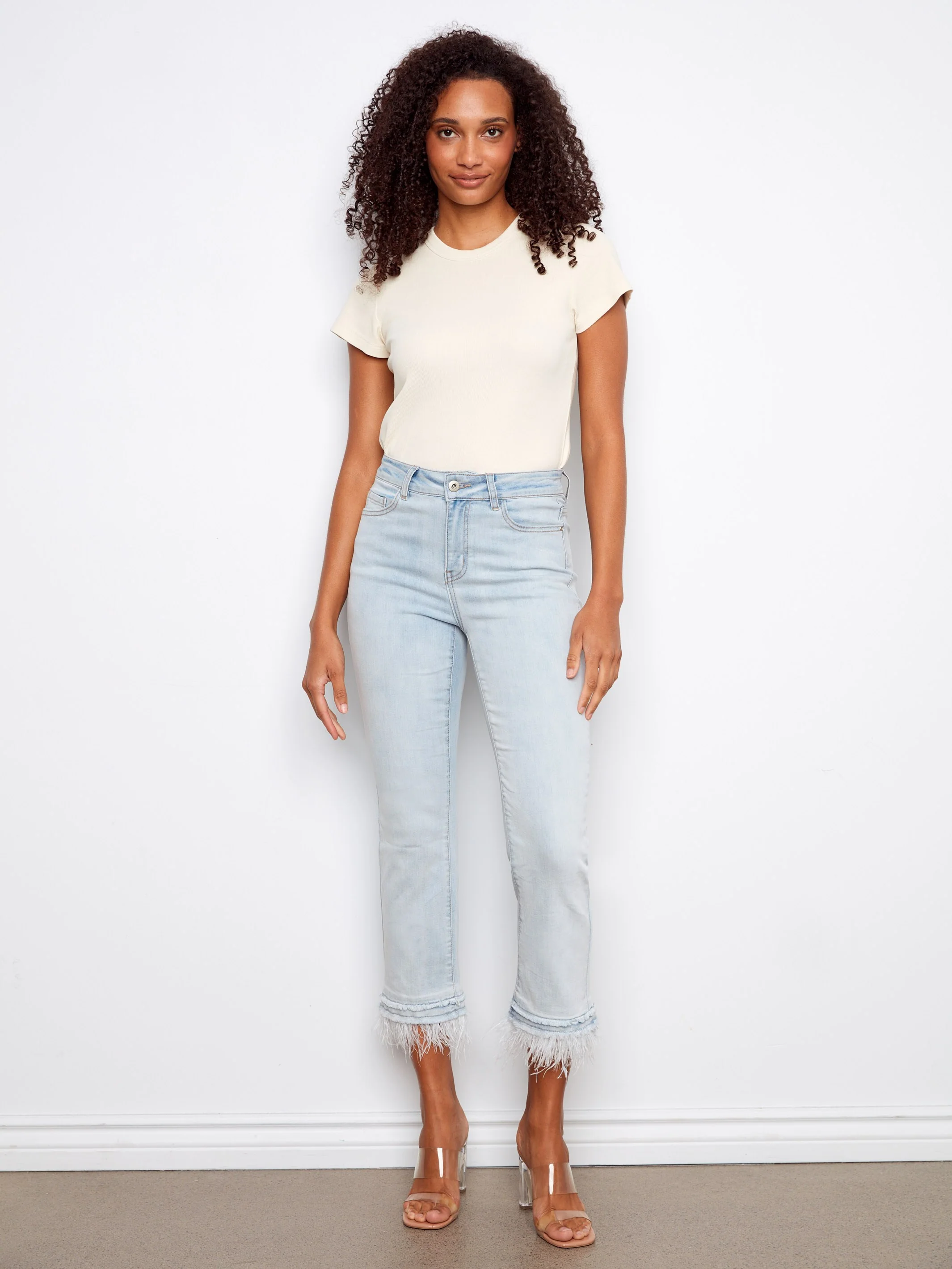 Cropped Jeans With Removable Feather Hem - Bleach Blue