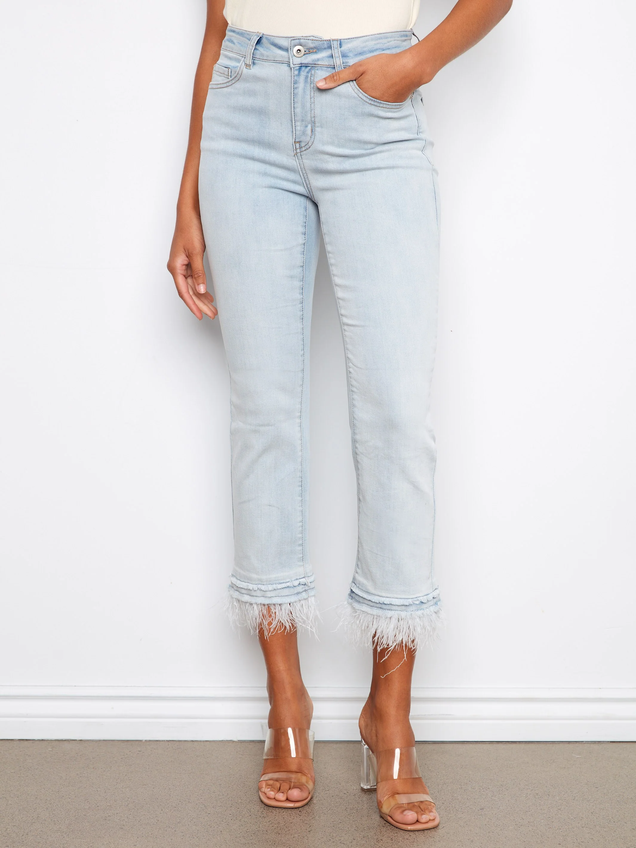 Cropped Jeans With Removable Feather Hem - Bleach Blue - Image 2