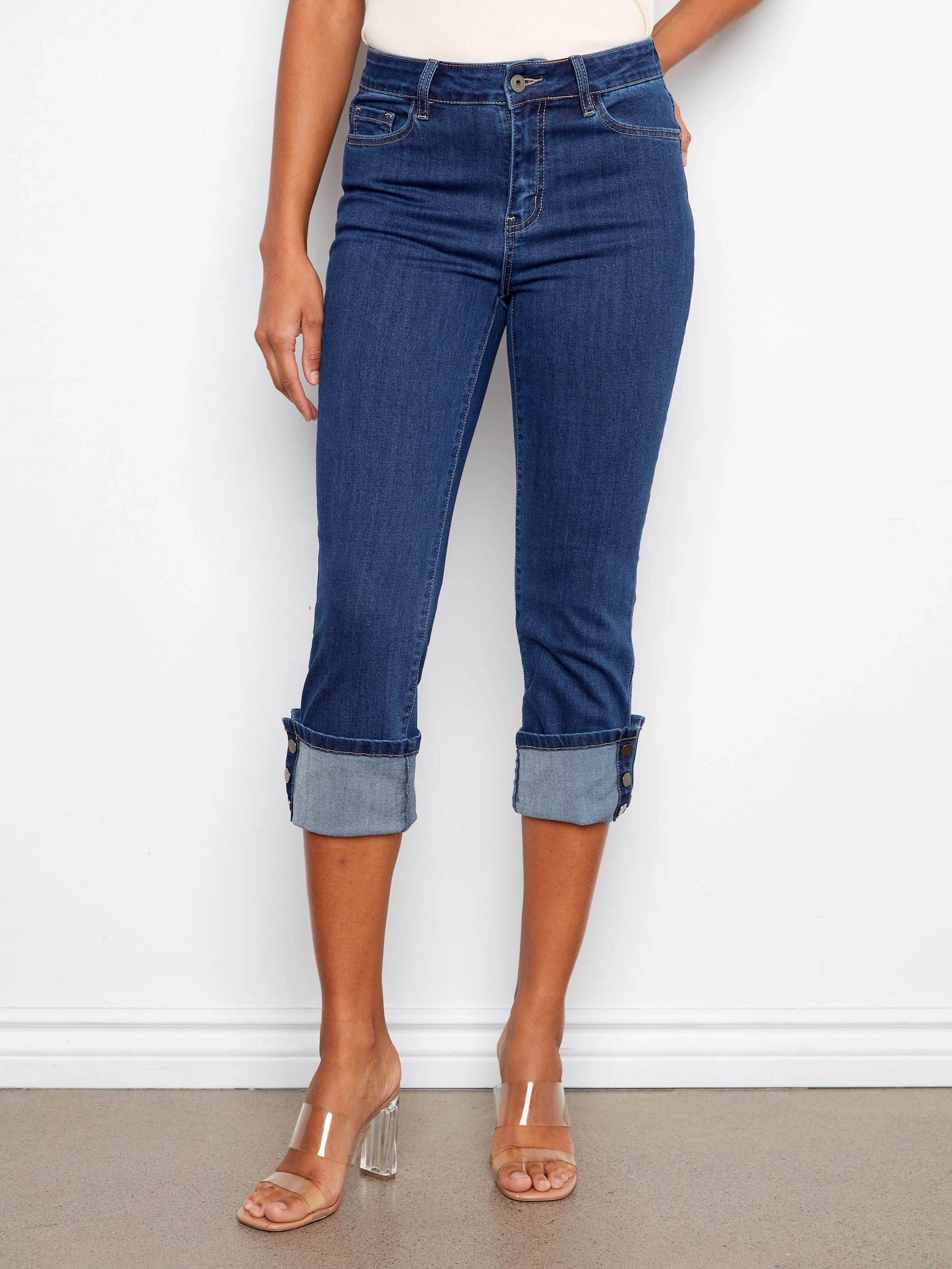 Cropped Jeans With Snap Button Cuff - Indigo - Image 2