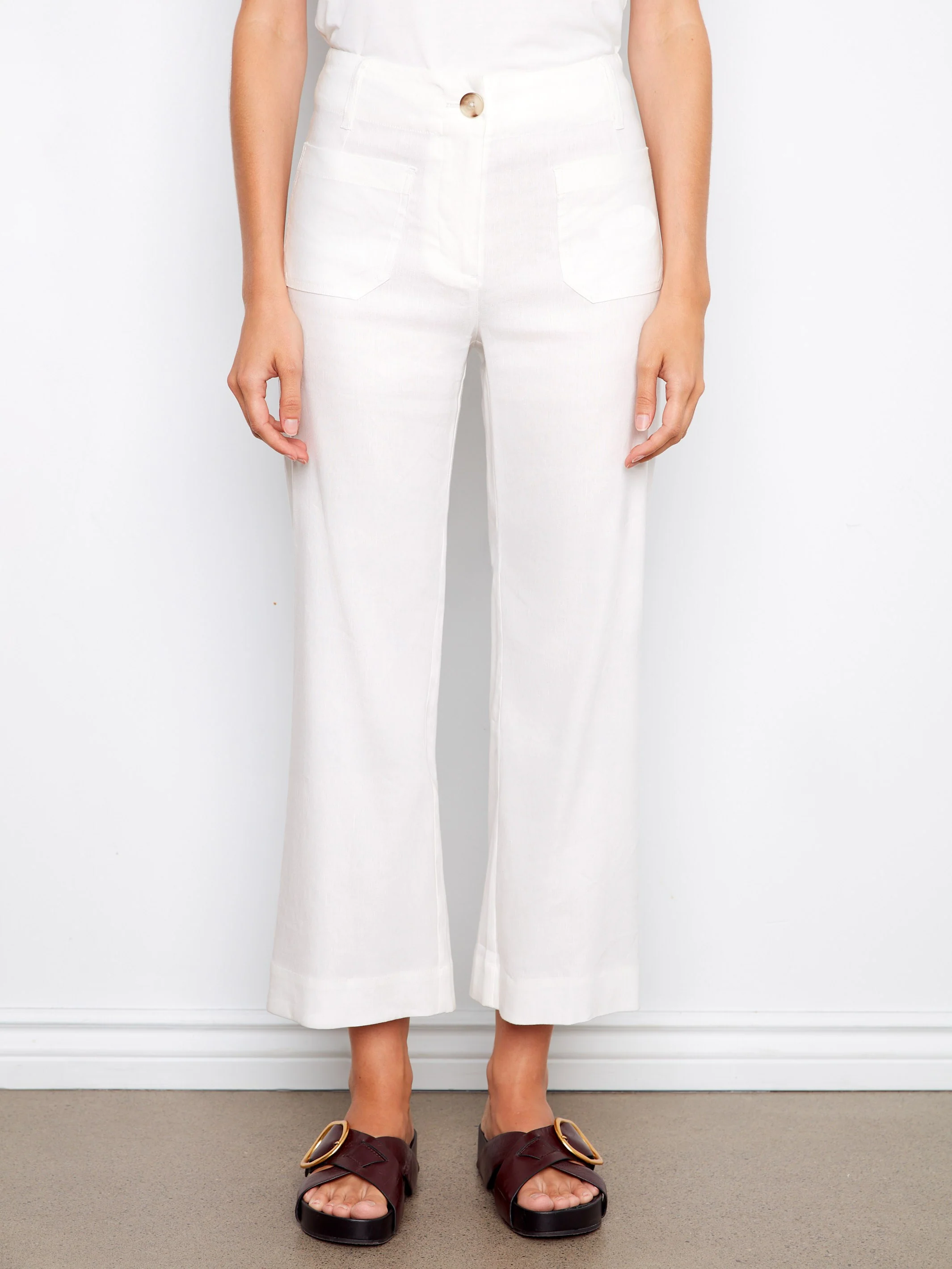 Cropped Linen Blend Pants - White - Image 2