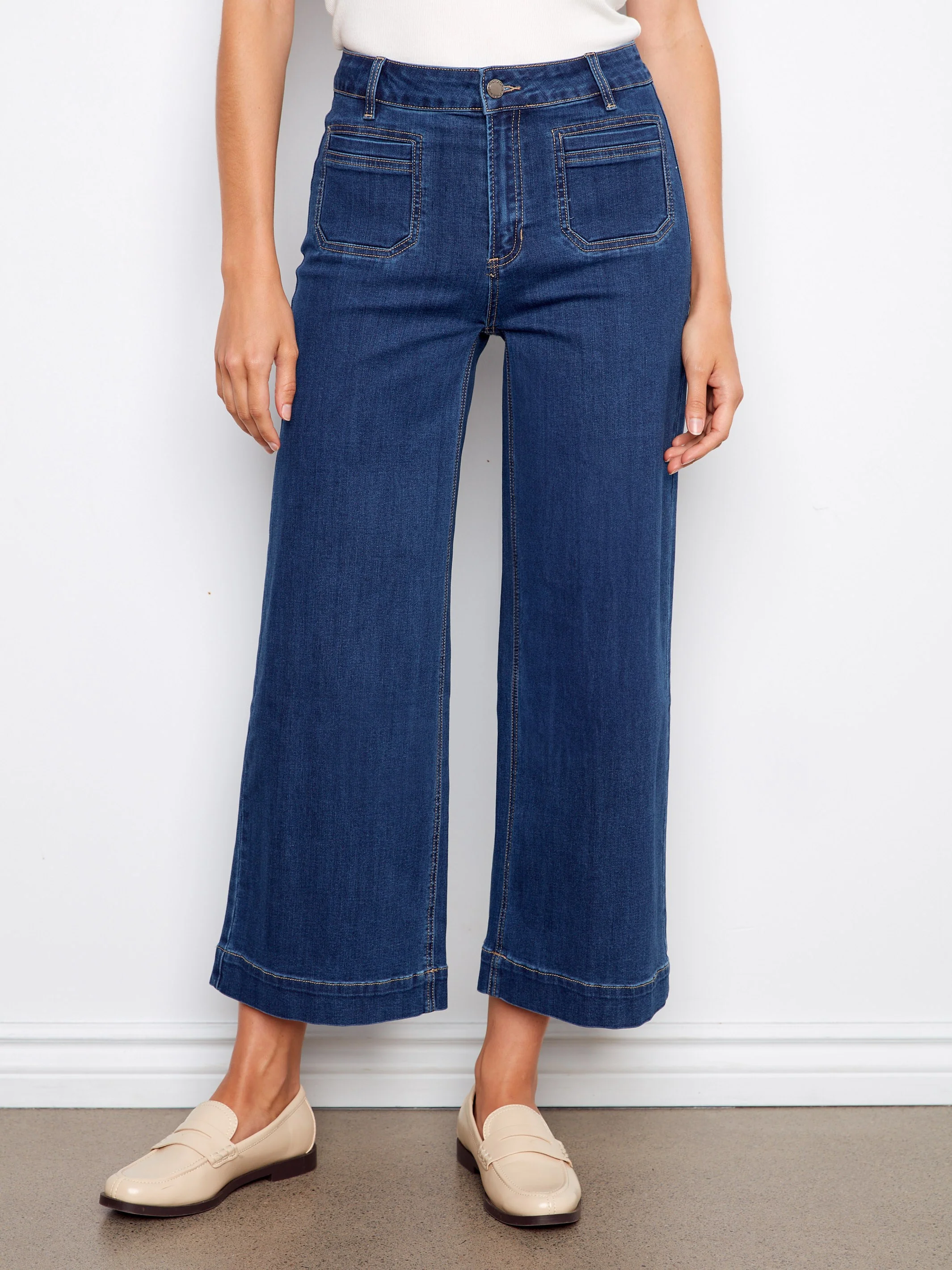 Cropped Patch Pocket Flare Jeans - Indigo - Image 2