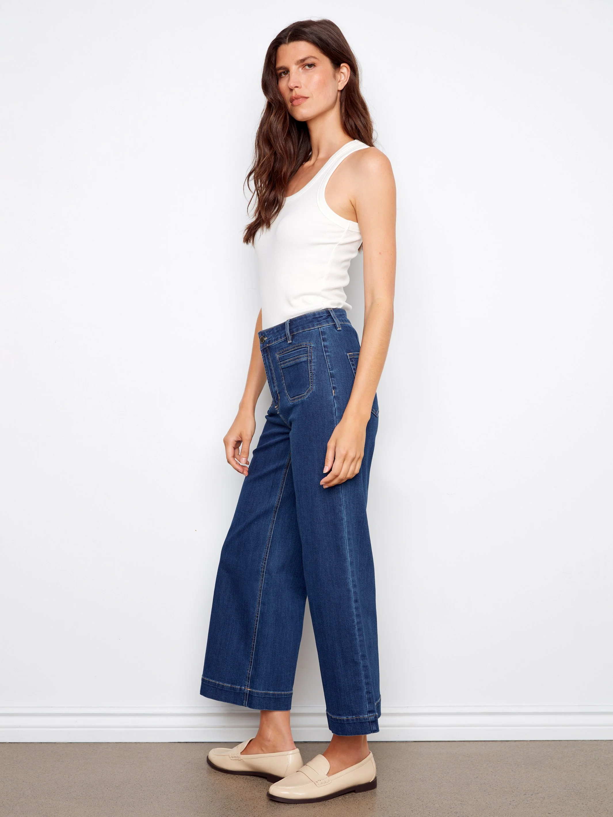 Cropped Patch Pocket Flare Jeans - Indigo - Image 3