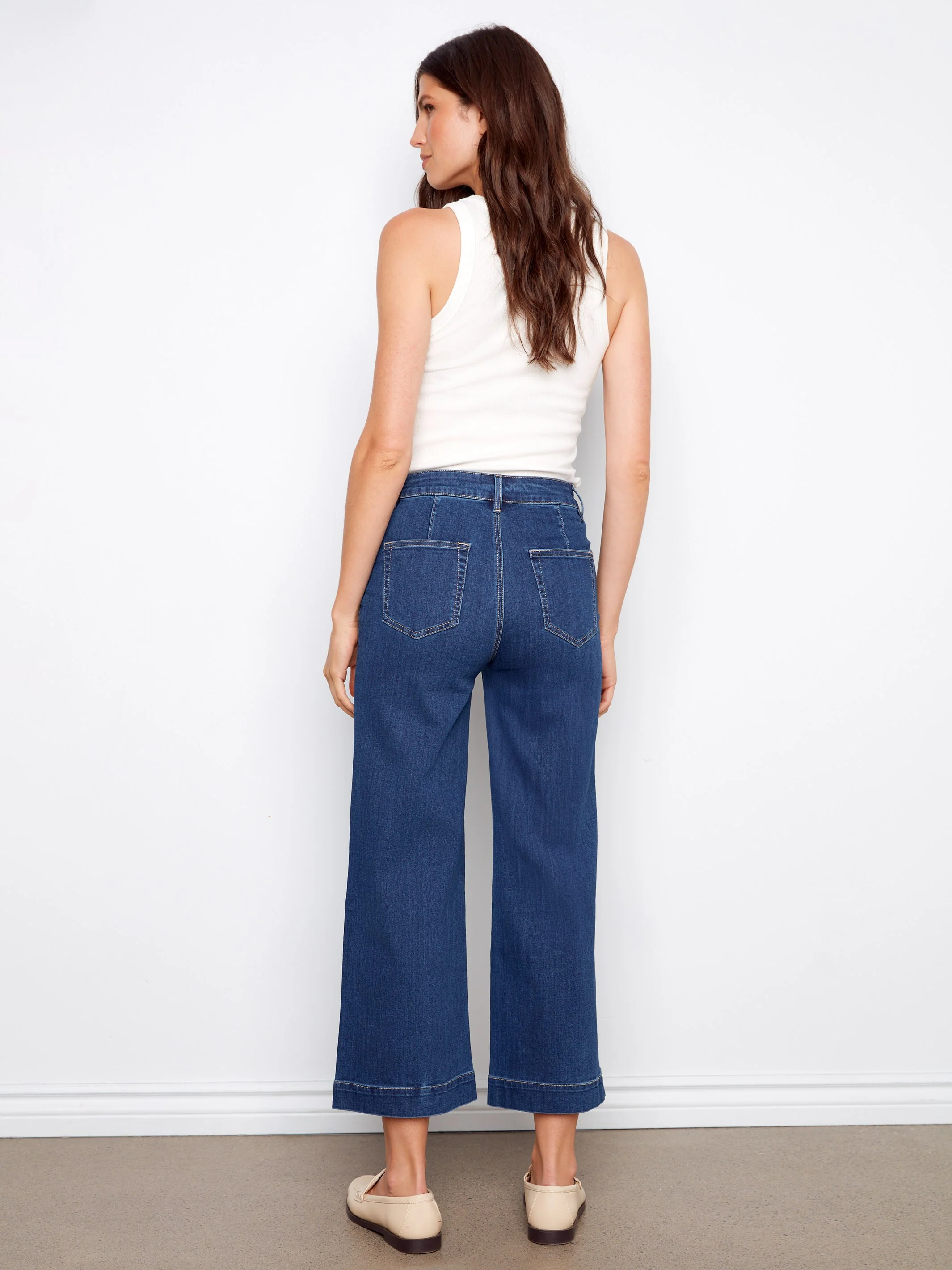 Cropped Patch Pocket Flare Jeans - Indigo - Image 4