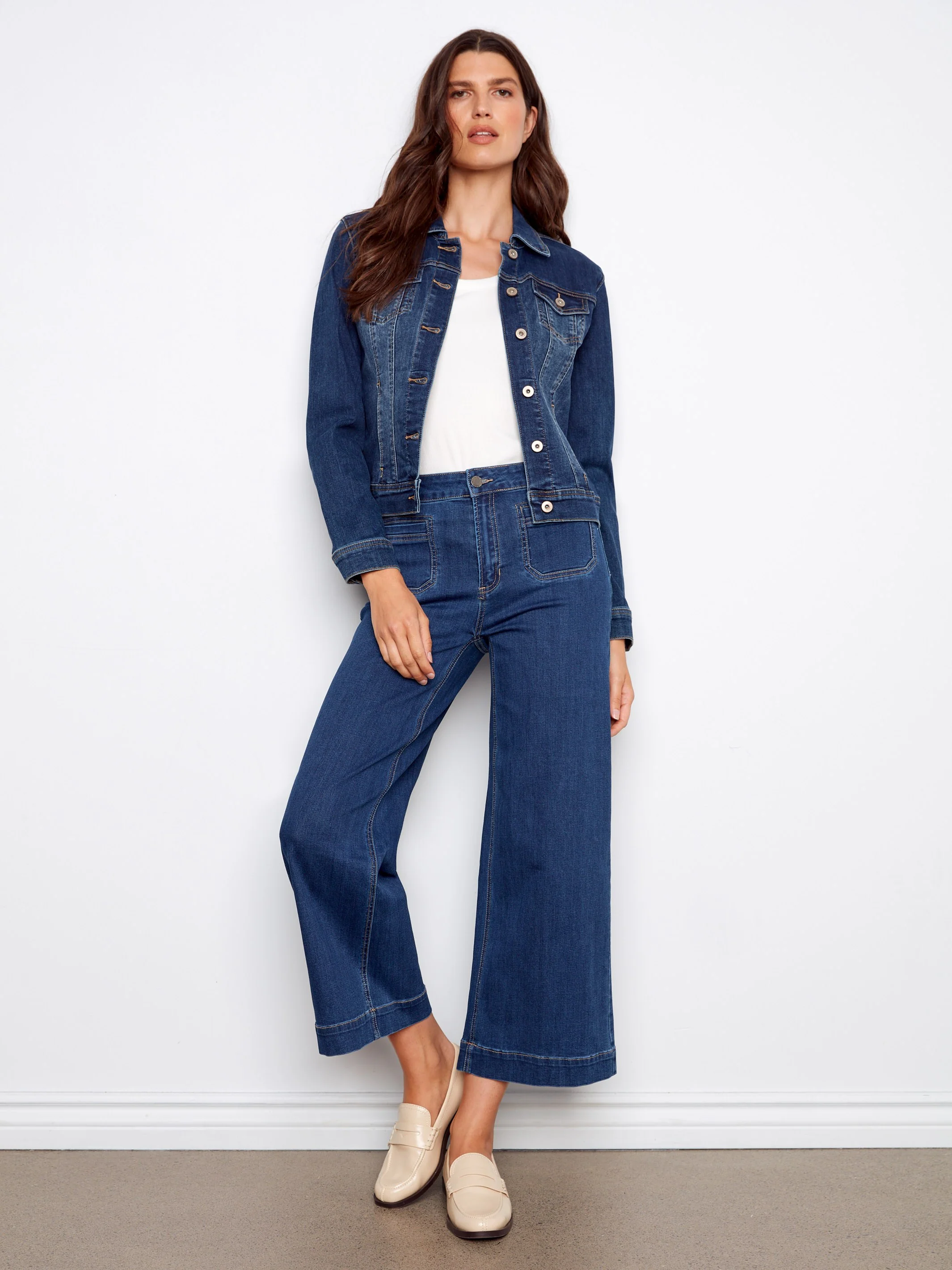Cropped Patch Pocket Flare Jeans - Indigo - Image 6