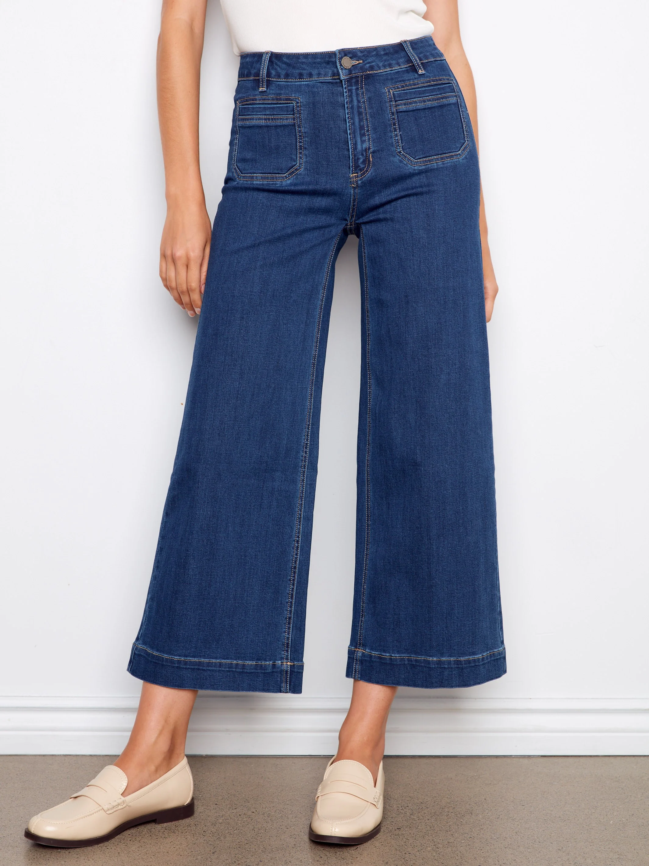 Cropped Patch Pocket Flare Jeans - Indigo - Image 8