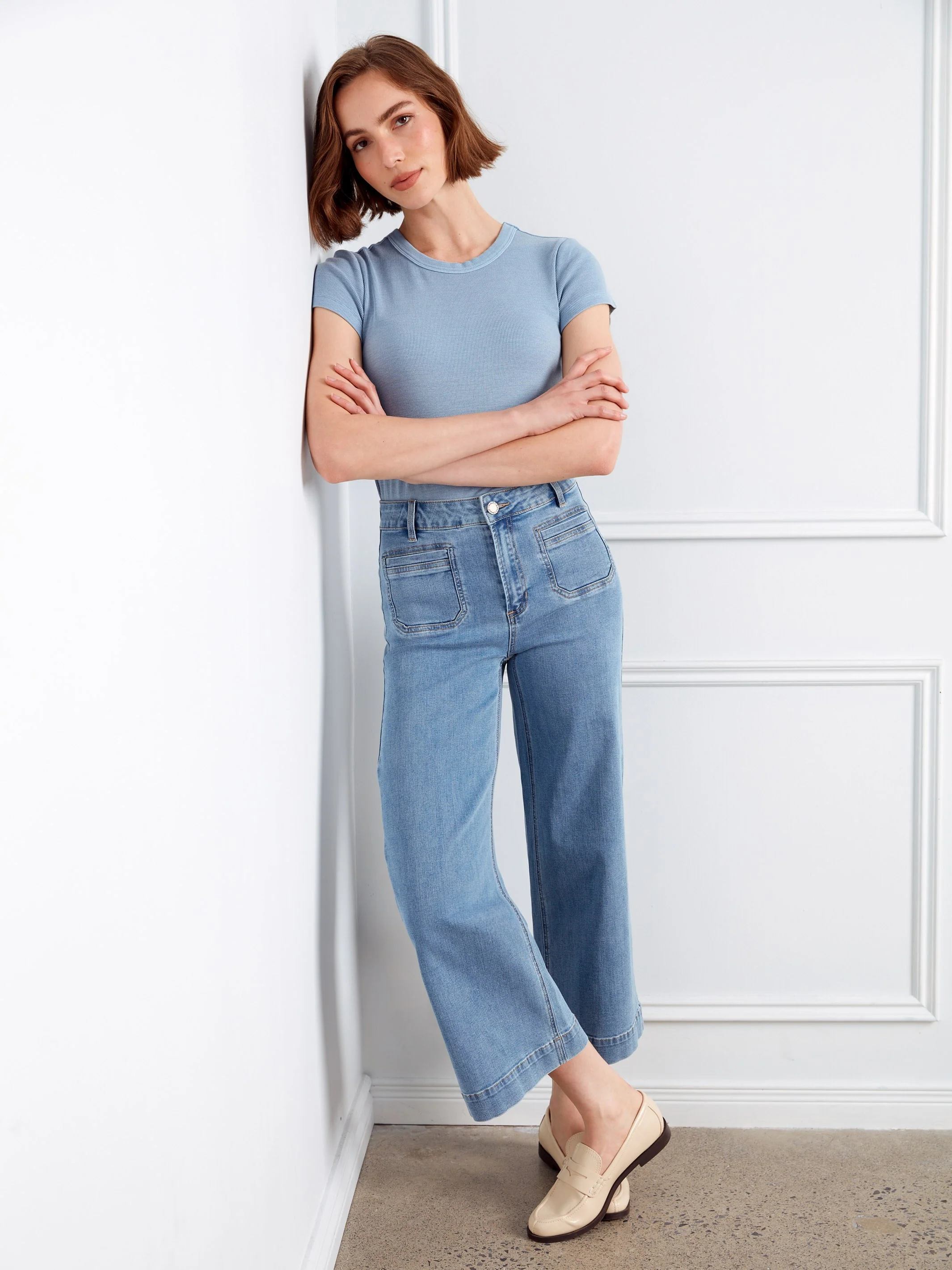Cropped Patch Pocket Flare Jeans - Blue Jean