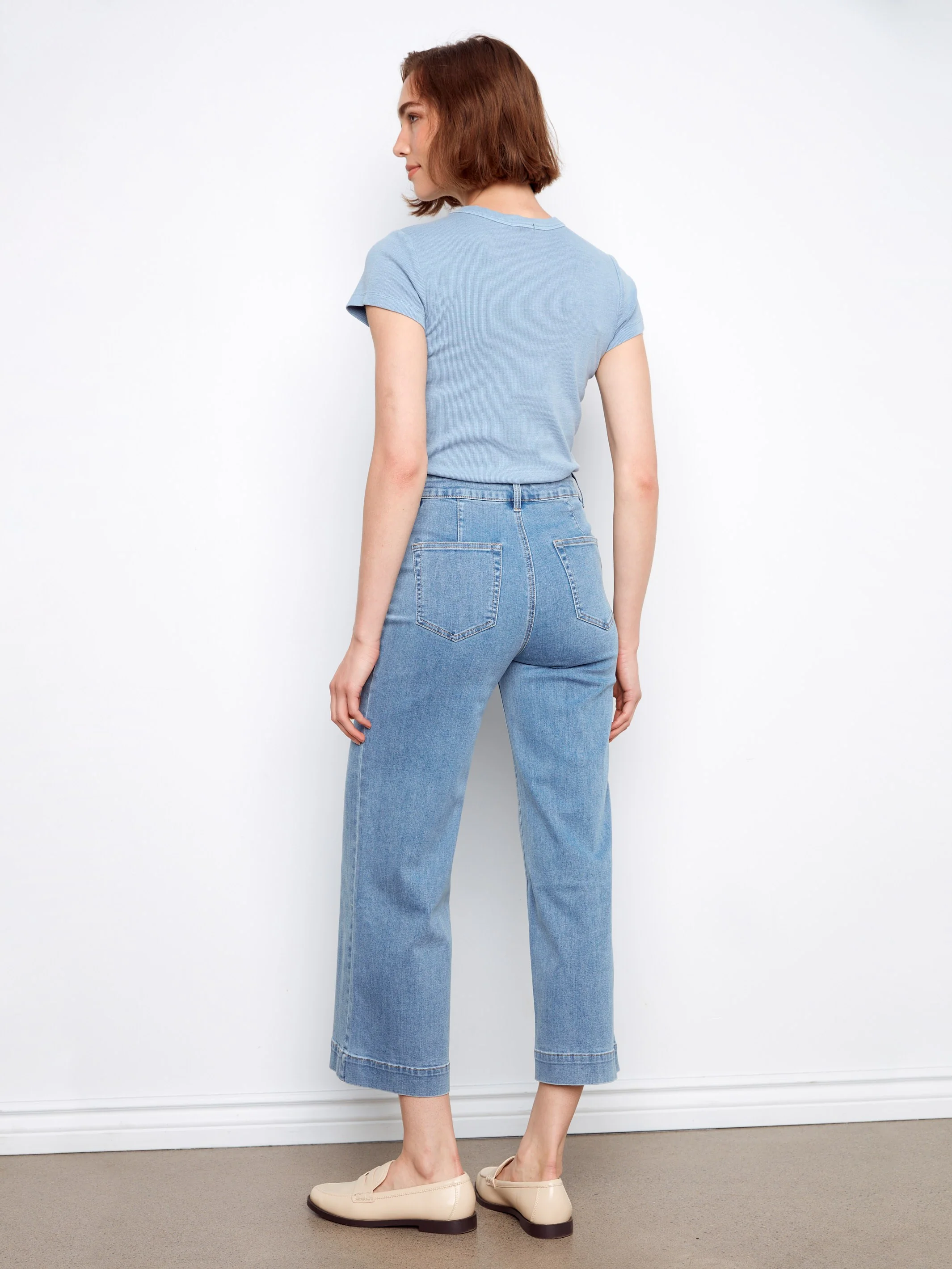 Cropped Patch Pocket Flare Jeans - Blue Jean - Image 4