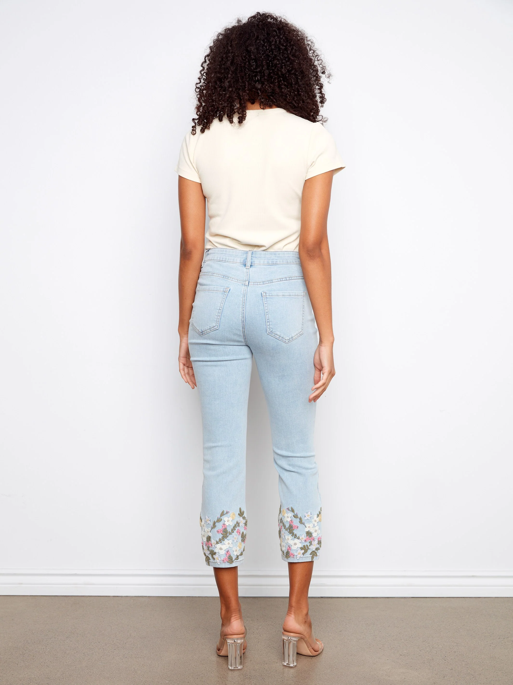 Cropped Slim Jeans with Embroidery - Light Blue - Image 4